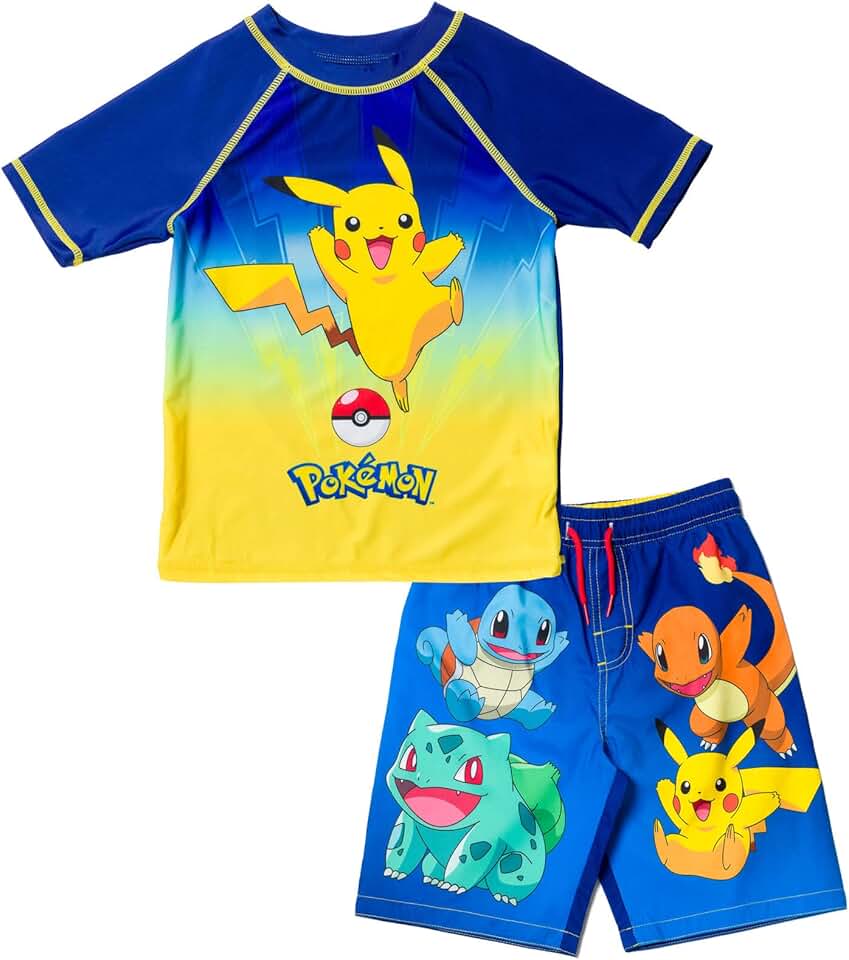 Pokémon Pokemon Raglan Rash Guard and Swim Trunks UPF 50+ Outfit Set Little Kid to Adult Sizes (4 - Large)