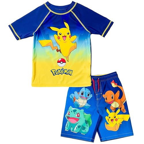 Pokemon Raglan Rash Guard and Swim Trunks UPF 50+ Outfit Set Little Kid to Adult Sizes (4 - Large)