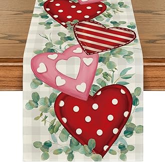 Artoid Mode Eucalyptus Polka Dot Hearts Valentine's Day Table Runner, Holiday Kitchen Dining Table Decoration for Home Party 13x90 Inch