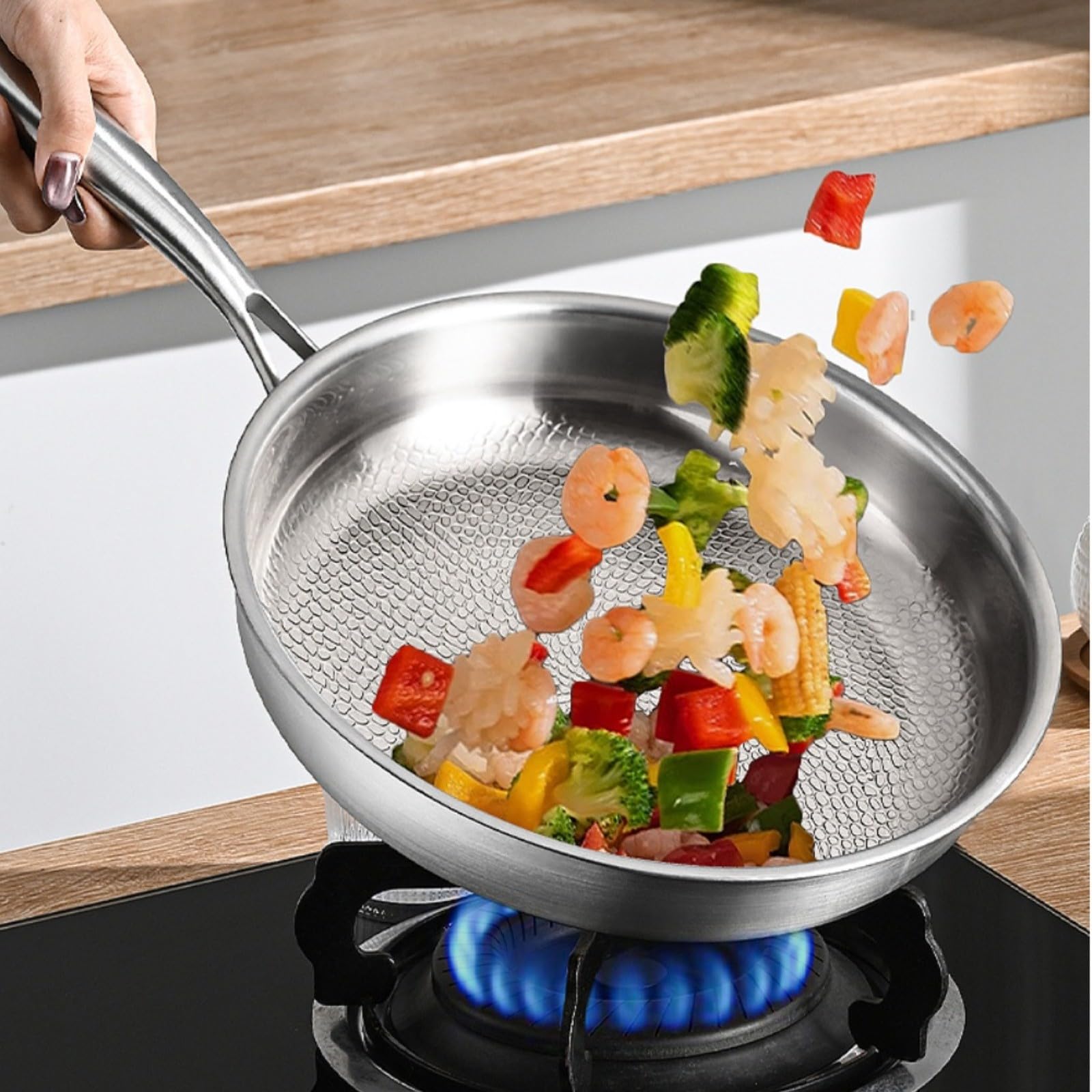 Sartén de titanio con tapa, superficie martillada, antiadherente, apta para todo tipo de cocinas, inducción, gas, fácil de limpiar, duradera (28 cm con tapa)