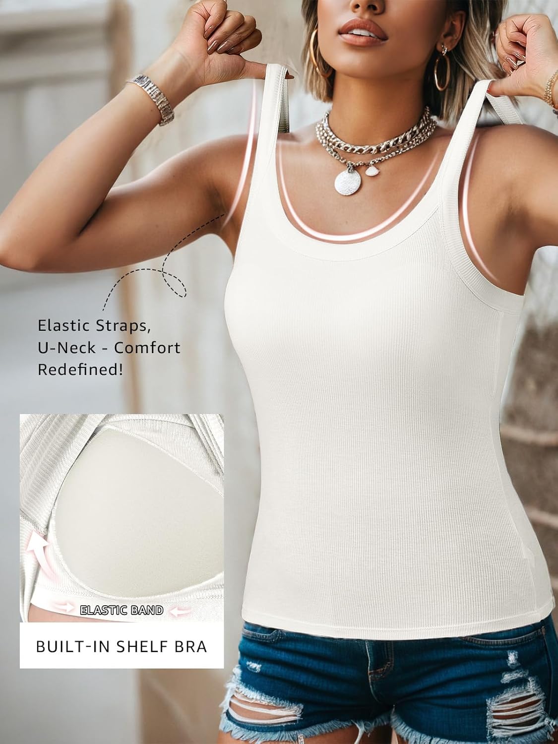 Ninee Women's Tank Top with Built in Bra Ribbed Camisole Summer Scoop Neck Basic Cami Tanks