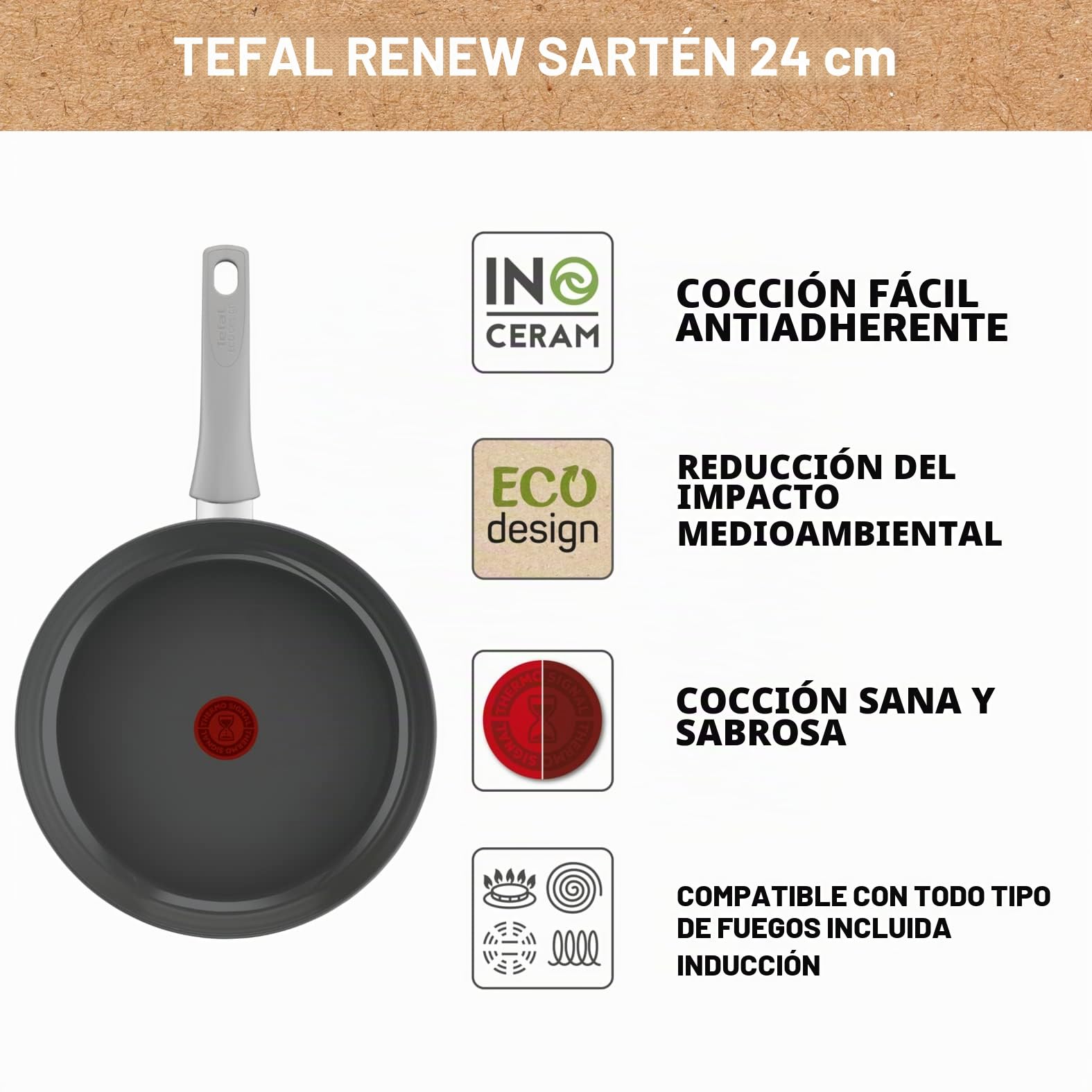 Tefal Renew On - Sartén (24 cm, Revestimiento Antiadherente cerámico, inducción, indicador de cocción Termo-Signal, Eco-diseño, Cocina Saludable, Fabricada en Francia C4270432, Gris | Sartén de inducción de cerámica para una cocción saludable sin grasa -