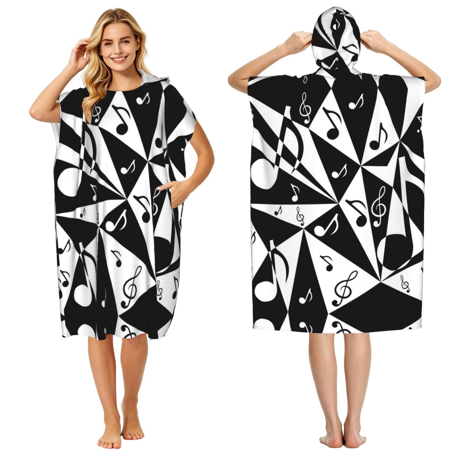 ESNAIUVCD Stylish Musical Note Pattern Print Changing Robe, Hooded Towel Poncho For Swimming Pool, Beach,Quick Dry Light Weight Towelling Poncho