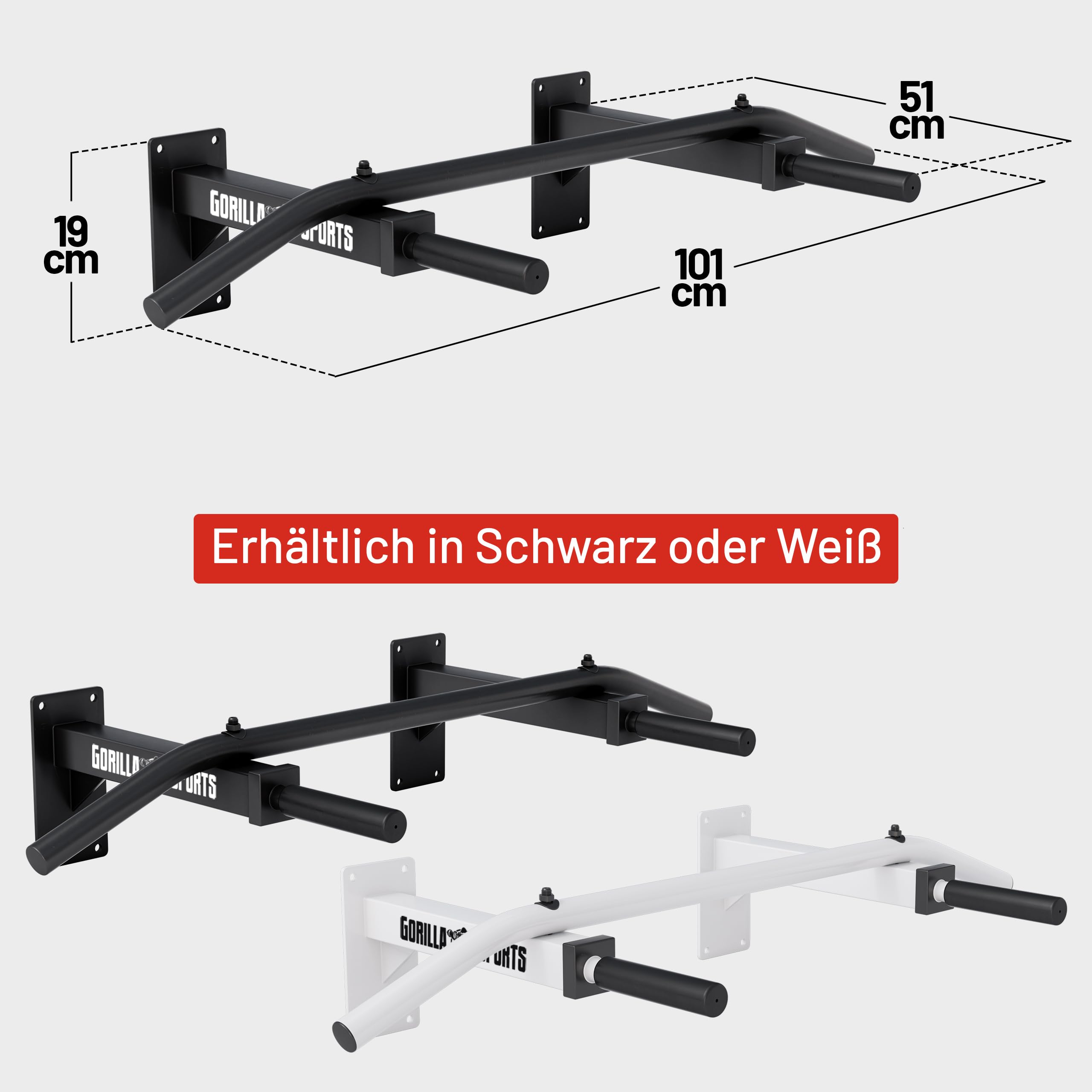 GORILLA SPORTS® Barra per Trazioni – per Parete, a Muro, Antiscivolo, con/senza Banda Resistenza, Max 350kg, Acciaio, Nero/Bianco – Pull Up Bar, Sbarra di Sollevamento, Multifunzione, Fasce Elastiche