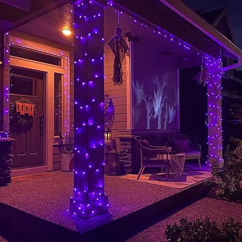 Miniatura 6 de YEGUO Luces moradas de Halloween, 200 luces LED para exteriores, impermeables, luces de Halloween para interiores, 8 modos de 66 pies, cable verde,