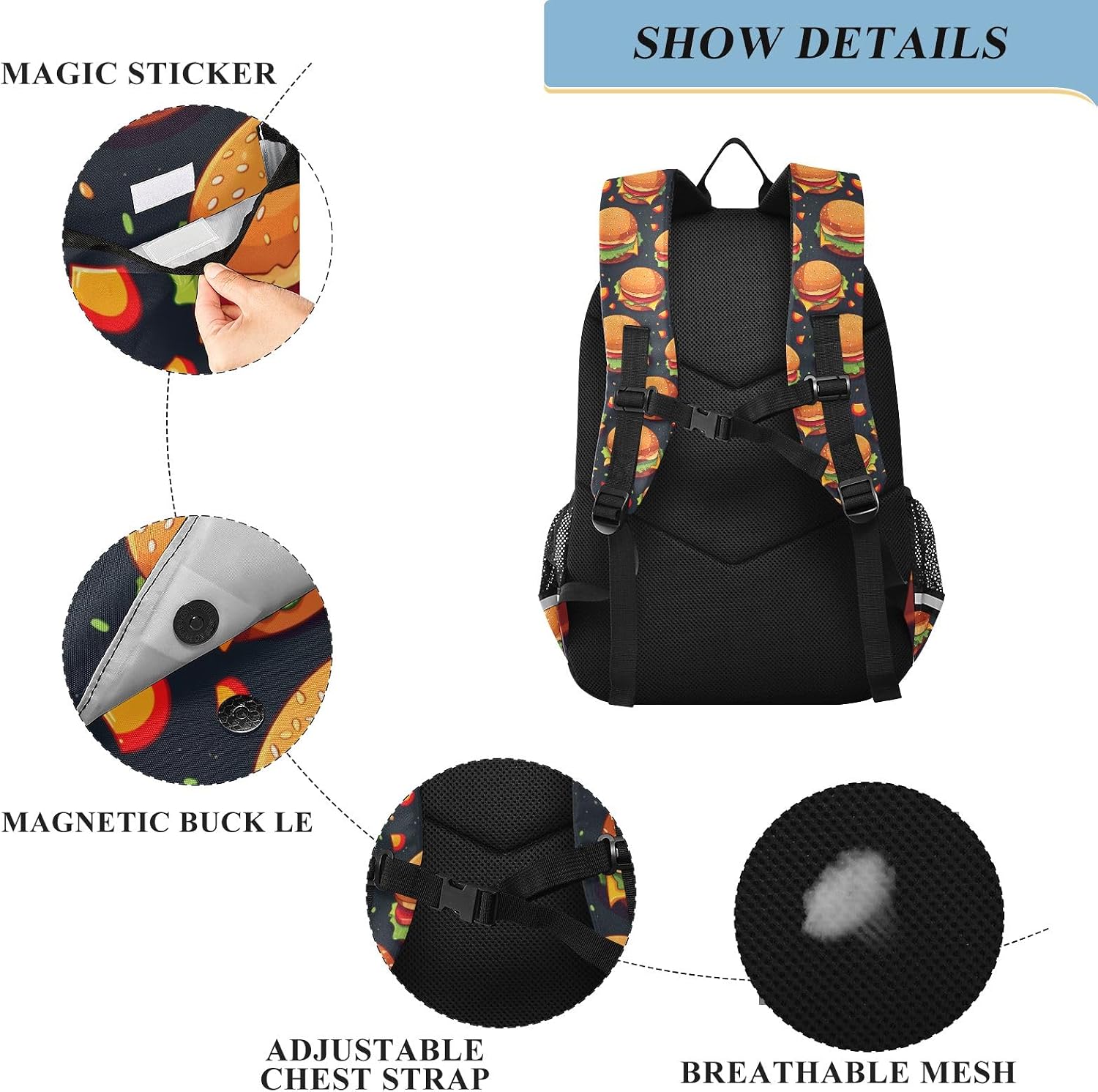 Hamburger Backpack for Boys Girls Students Bookbag School Daypack
