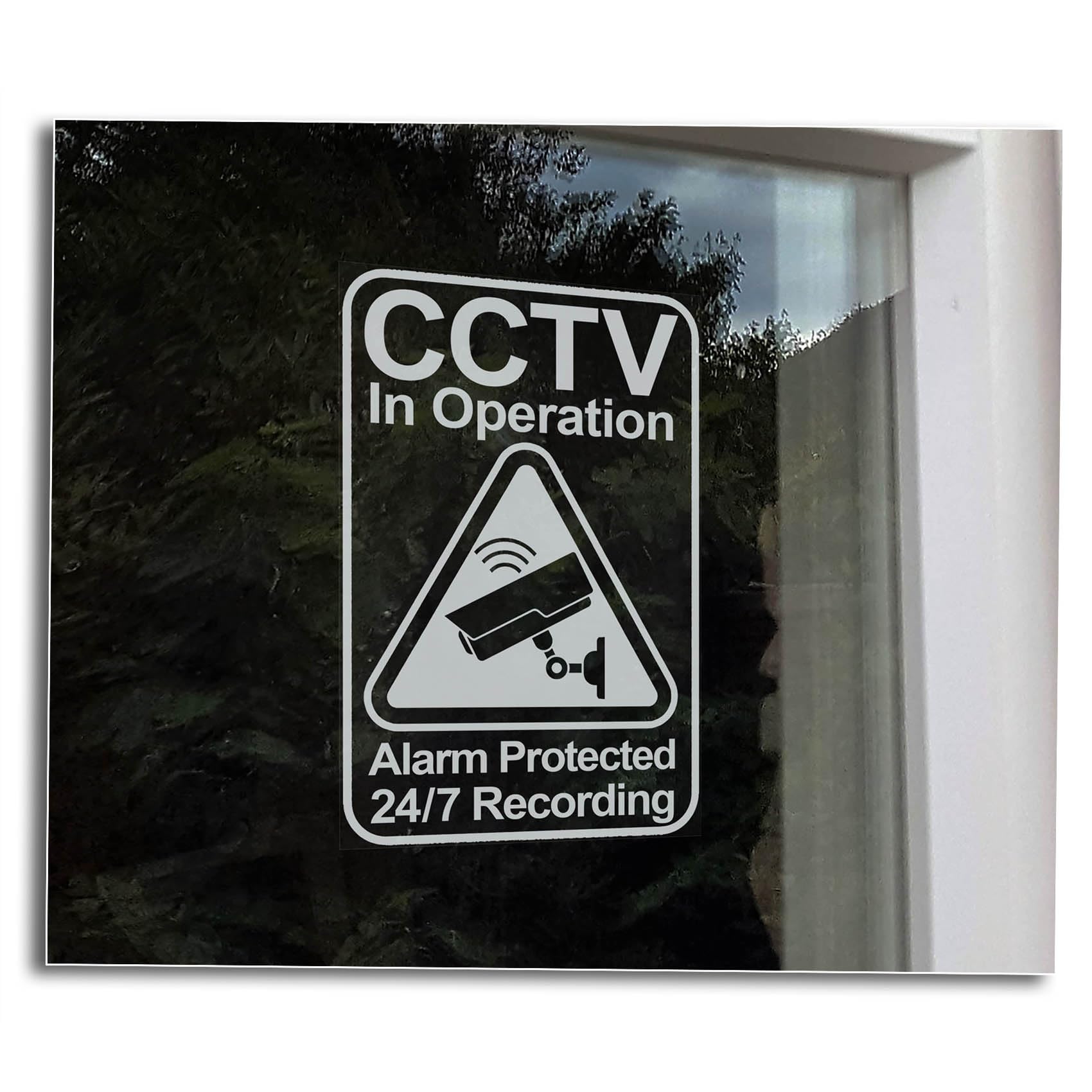 x2 CCTV in Operation Window Stickers | Home Anti-Theft Property Alarm Protected Warning -V03BW (Internal - White Reverse Print, 100x66mm (2pcs))