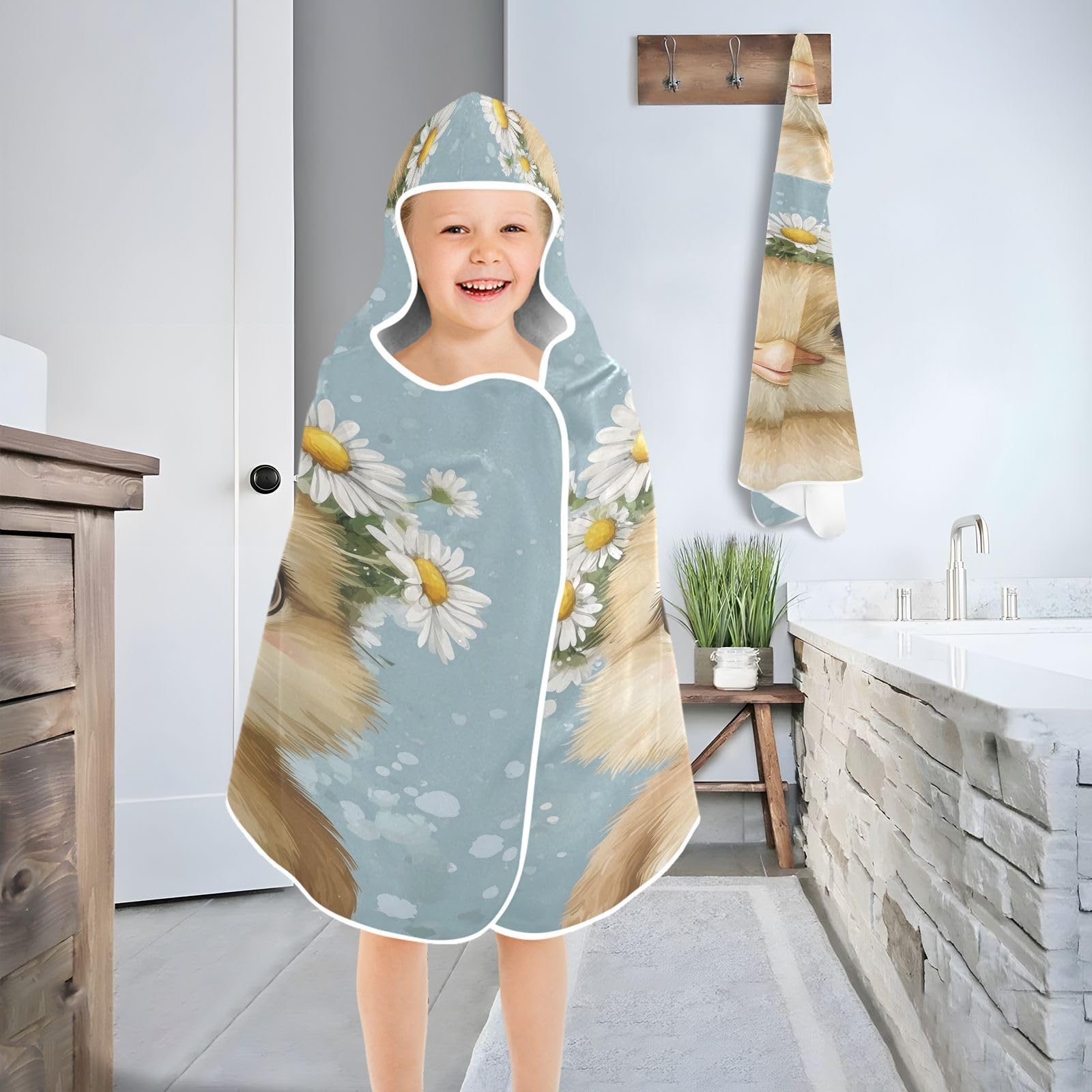 pnyoin Kids Beach Towels with Hood Oversized Hooded Kids Towel for Boys Girls Cute Chick with Daisies Absorbent Quick Dry Soft Microfiber Beach Swim Pool Cover Up Towel