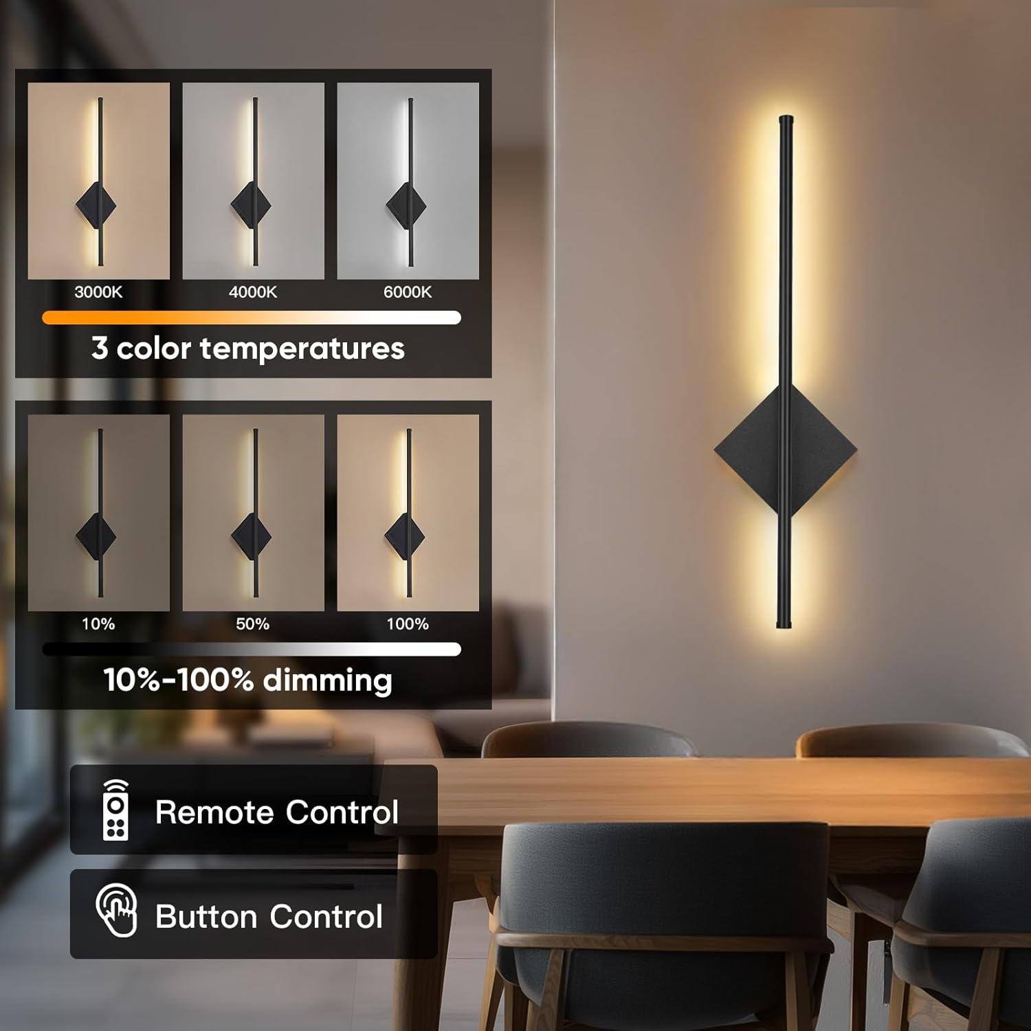 Battery Operated Wall Sconces Set of Two Wireless Rechargeable Light with Remote - Black Wall Lamp Dimmable Modern Sconces Home Decor for Bedroom Living Room Hallway Timing 23.6 Inch