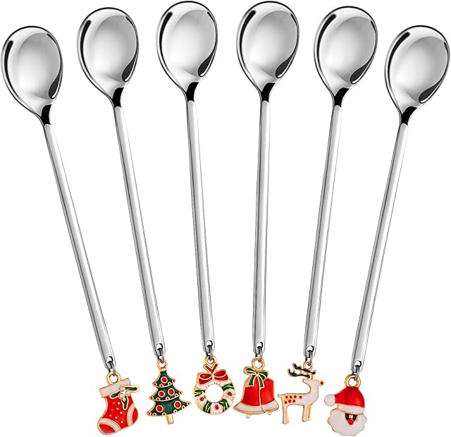 Whaline 6 Pack Christmas Spoon Stainless Steel Stirring Spoon with Pedant Coffee Spoon Tea Spoon Dessert Spoon Mixing Spoon Soup Spoon Xmas Spoon Package for Party Table Decorations
