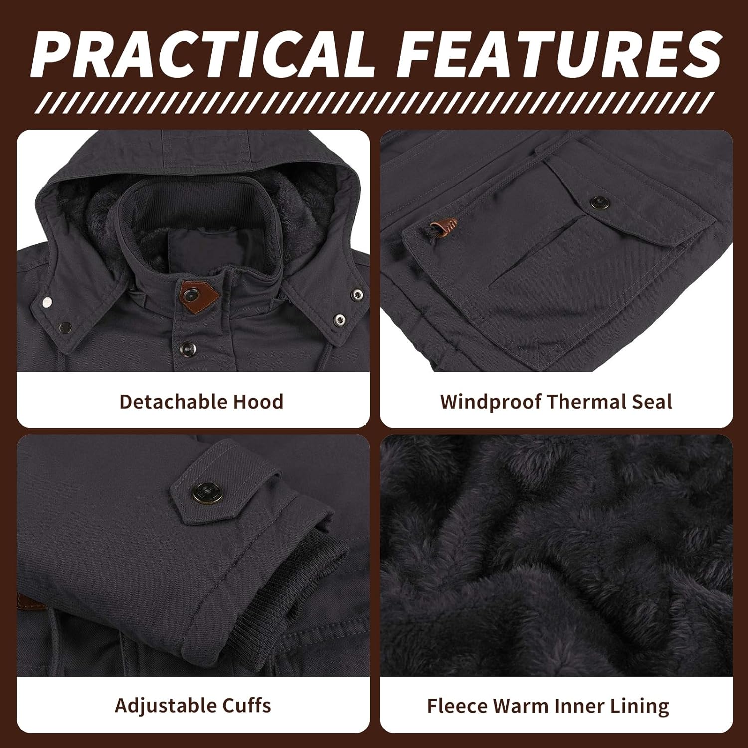 Mens Jacket Winter Casual Fleece Lined Cotton Thick Military Tactical Hooded Work Coats with Cargo Pockets - Image 5