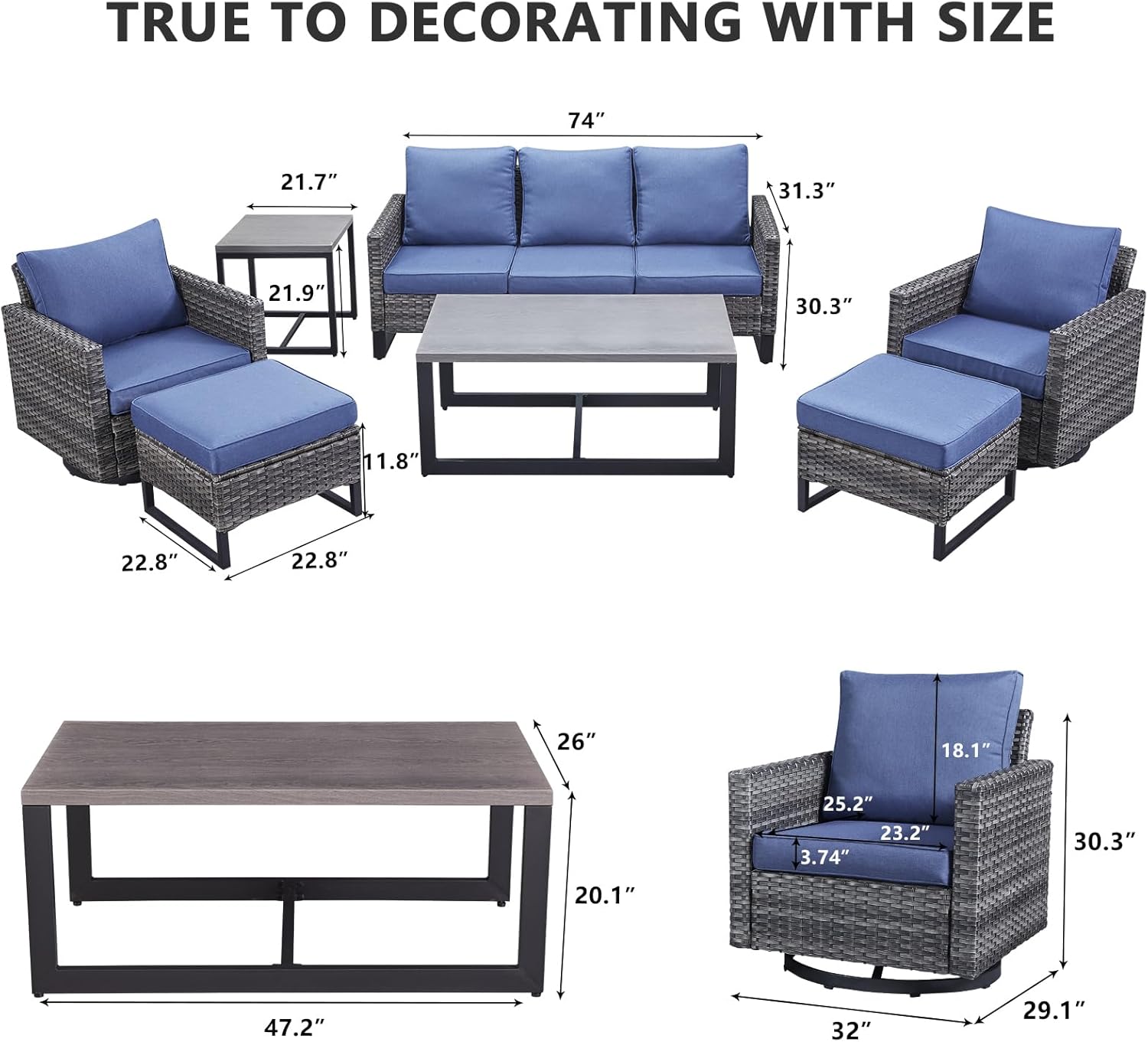 HUMMUH 7 Piece Patio Furniture Set Outdoor Sectional Sofa,High Back Patio Swivel Glider Chairs with Ottomans Coffee Table for Porch,Garden,Backyard