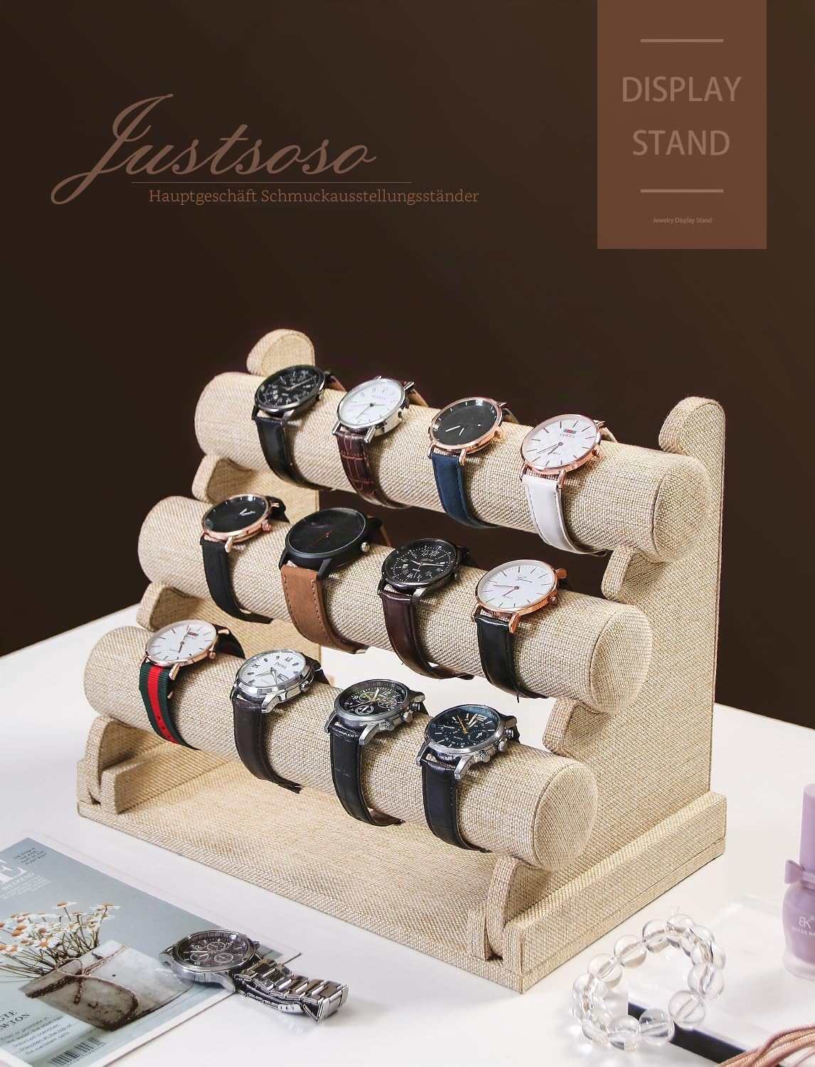 3-stöckiger abnehmbarer Armbandhalter, Armband-Schmuckständer für Show, Uhren-Haargummi-Kopf, Krawattenhalter, Organizer für Zuhause oder Ladenausstellung (gelbes Leinen)