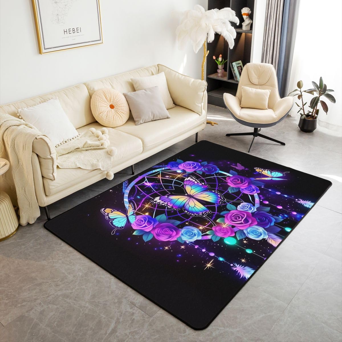Homewish Traumfänger Rugs for Living Room 150x200 Lila Rosen Schmetterling Teppich Mystischer Traumfänger Schlafzimmer Teppiche Feder Blumen Galaxie Wohnzimmer Carpet Pflegeleicht