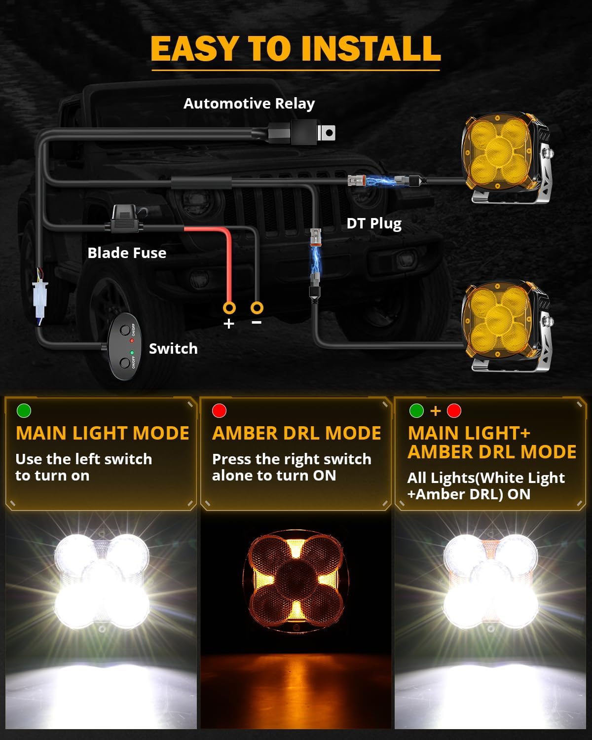 Auxbeam 4 Inch LED Pod Light, XP Ultra Series 128W Flood Beam Offroad Lights with Amber DRL, Driving Cube Ditch Lights with Amber Light Covers with DT Plug Wiring Harness, Pair