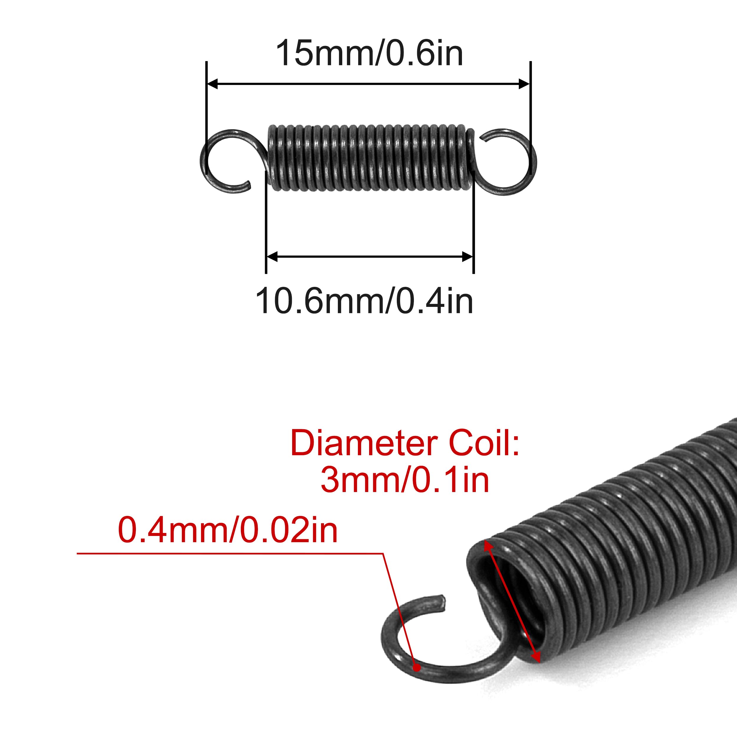 Sprężyny przedłużające 15 mm Sprężyny naciągowe z hakiem Fortepian Drut Sprężyna Średnica zewnętrzna 3mm Średnica drutu 0,4 mm Siła Sprężyna 0,4 kg 20 sztuk