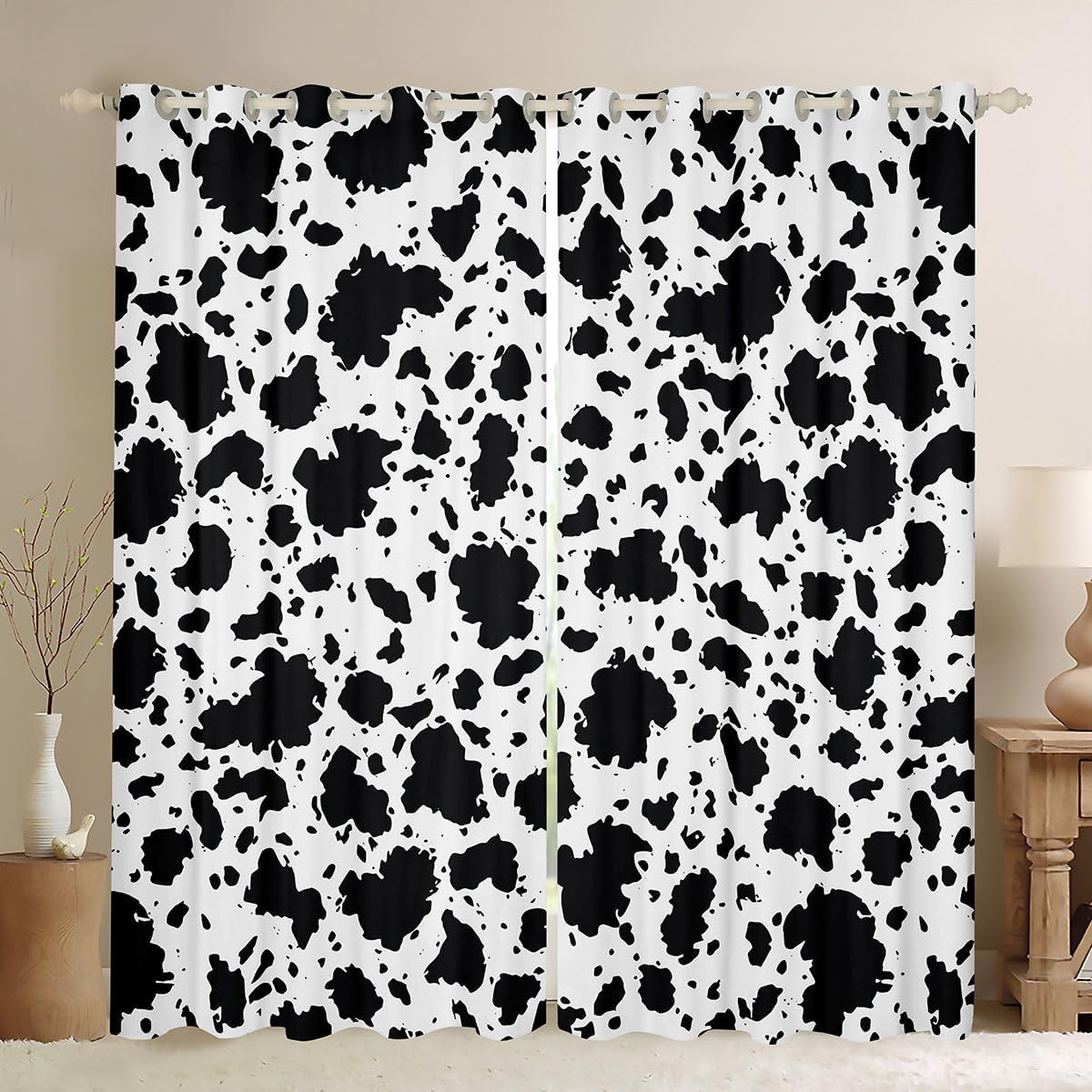 Cow Print Curtains,Animal Black Skin Window Curtains for Boys Girls Teens,Cowhide Pattern Window Treatment Curtains Home Decor,Farmhouse Darkening Drapes for Living Room Bedroom,38Wx54L