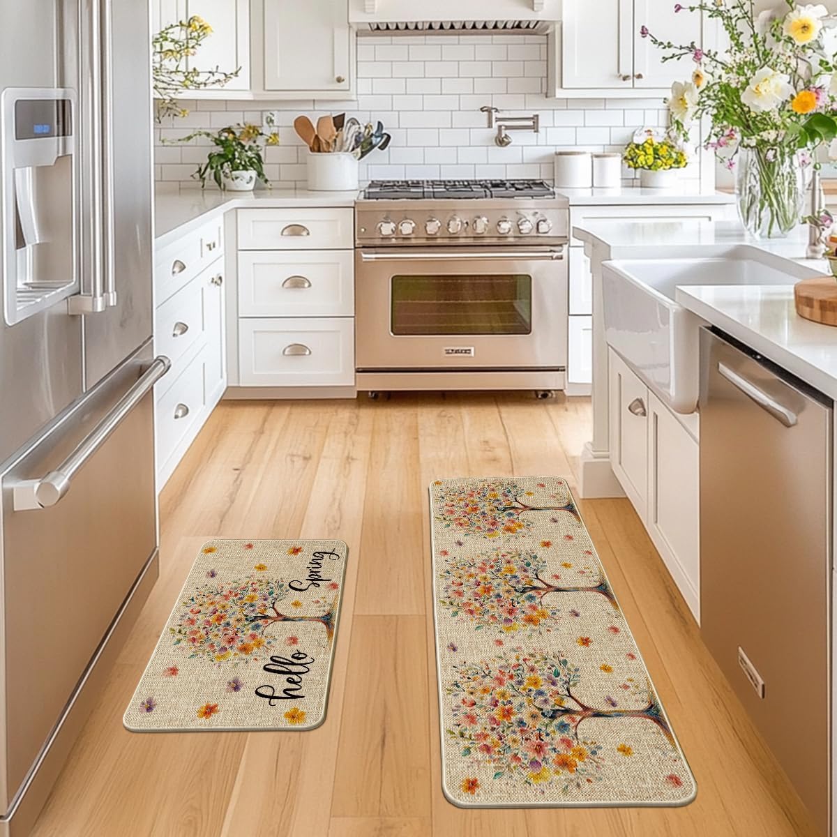 Artoid Mode Floral Tree Hello Spring Kitchen Mats Set of 2, Home Decor Low-Profile Kitchen Rugs for Floor - 17x29 and 17x47 Inch