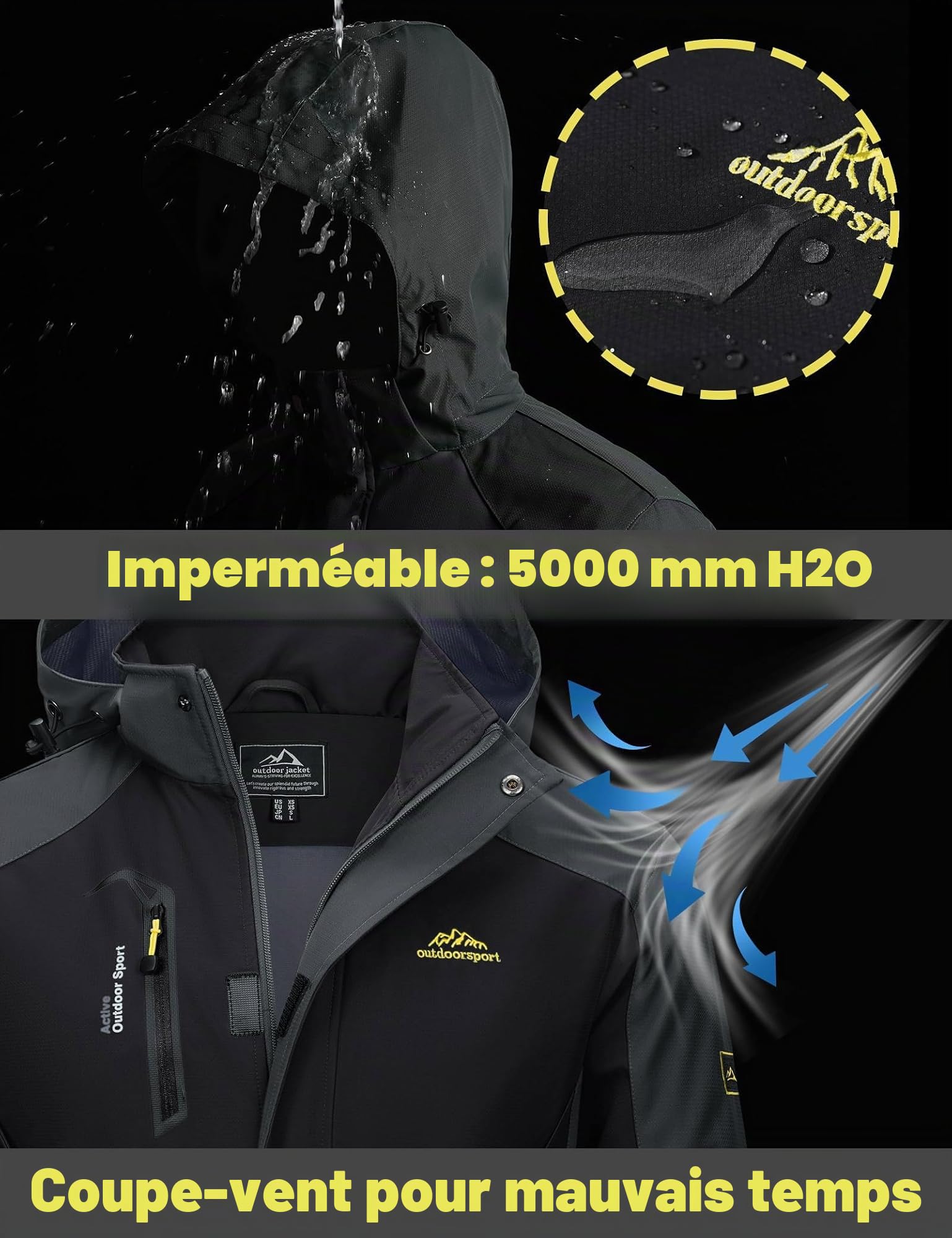TACVASEN Manteau Légère pour Hommes Veste Softshell Imperméable avec Capuche Amovible
