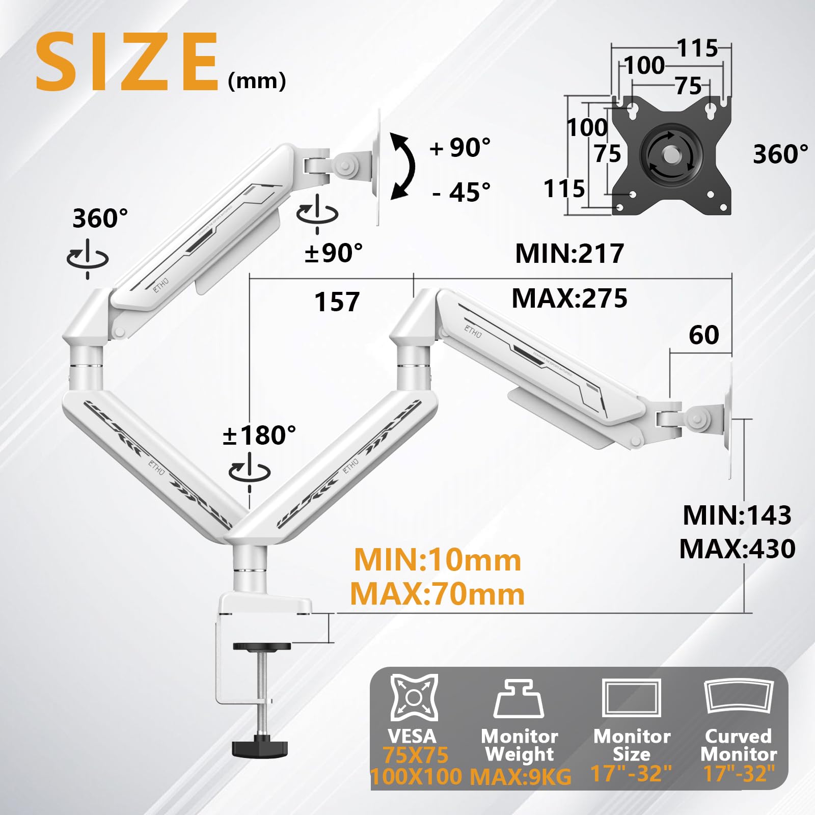 ETHU Dual Monitor Halterung Schreibtischhalterung für 13-32 Zoll Monitore (2-9 kg), Höhenverstellbar mit Neigbar, Schwenkbar, Drehbar, Gasfeder- Bildschirmhalterung 2 Monitor VESA 75 & 100 (Weiße)