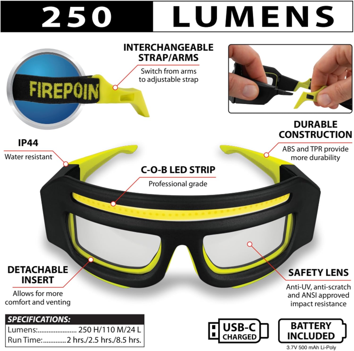 Performance Tool E00020 250 Lumen Rechargeable Lighted Safety Glasses with LED Headlamp, Anti-UV, Scratch and Water Resistant Impact Rated Lens, USB-C, Adjustable Cushion Comfort Fit, Green/Black