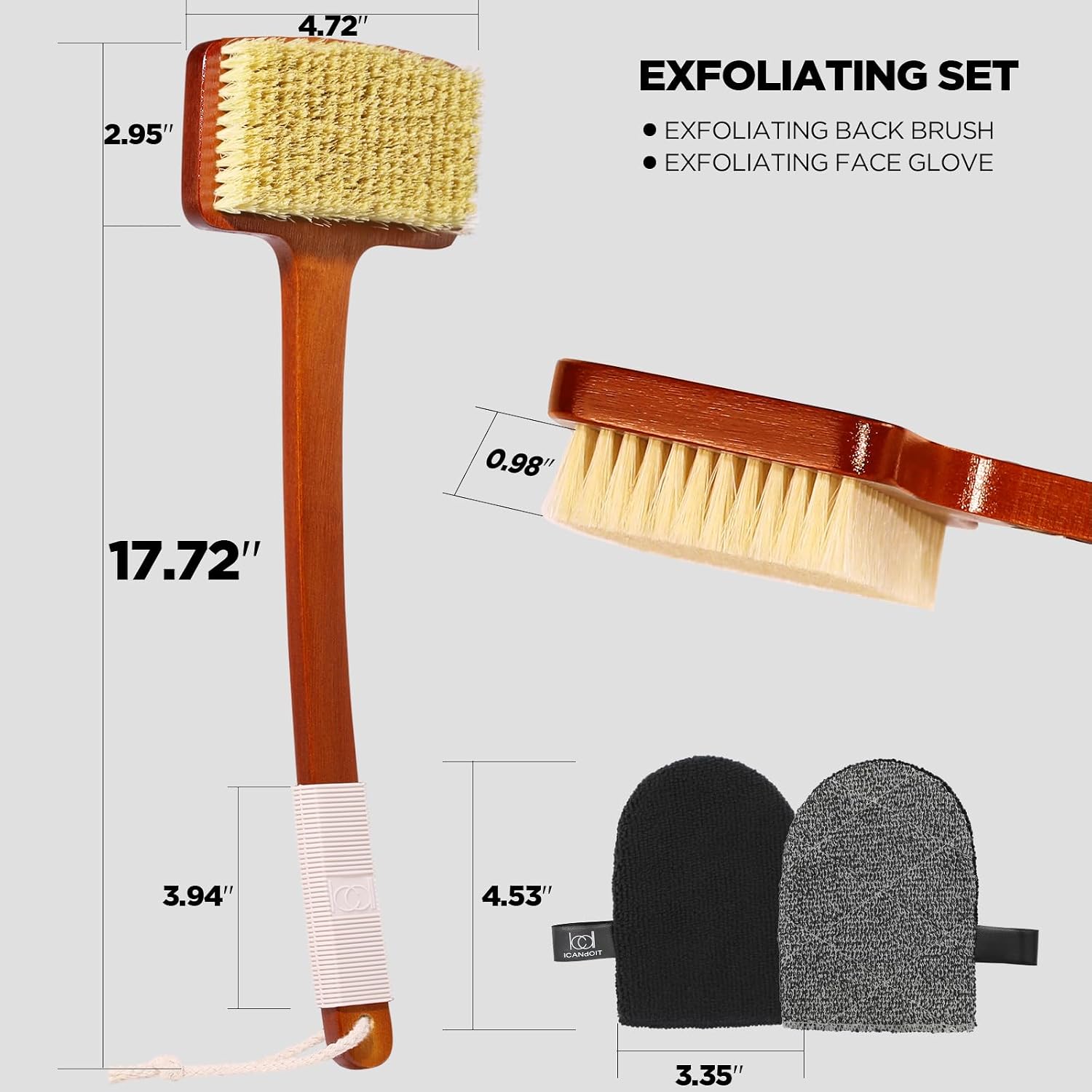 ICANdOIT Stiff Sisal Back Scrubber Shower Brush Set with Face Exfoliator