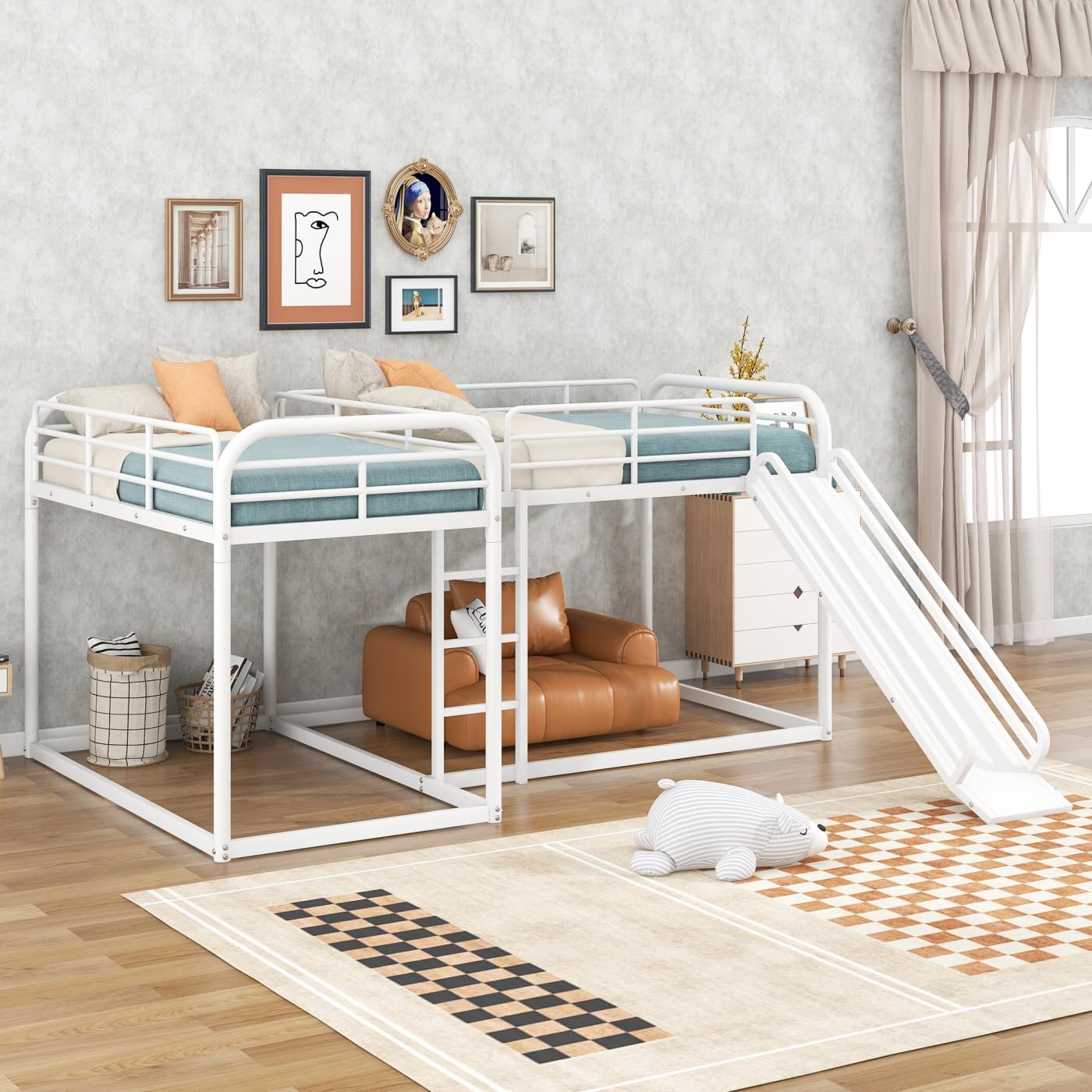 Quad Bunk Beds for 4,Full and Twin Size L-Shape Metal Bunk Bed with Slide and Short Ladder,Heavy-Duty Metal Floor Bunk Bed,Modern Corner Bunk Bed with Guardrails for Teens Boys Girls,White