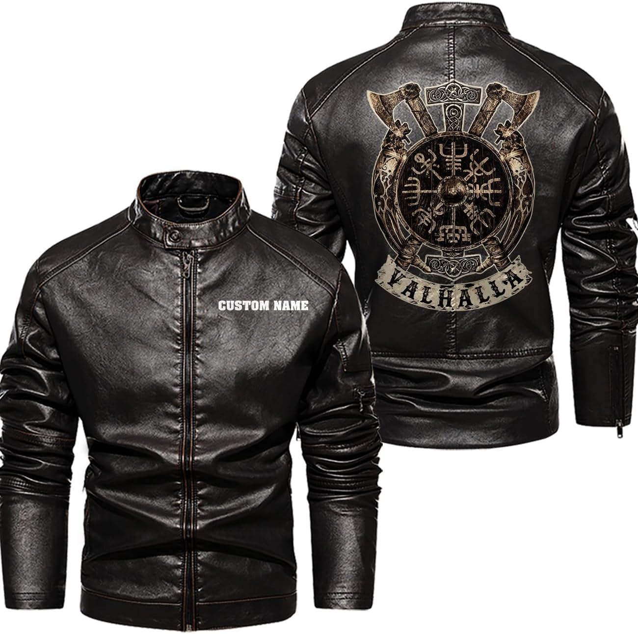 Vegvisir Berserker Valhalla Viking Symbol Custom Men Motorcycle PU Leather Coat Biker Rider Jacket Gift for Him