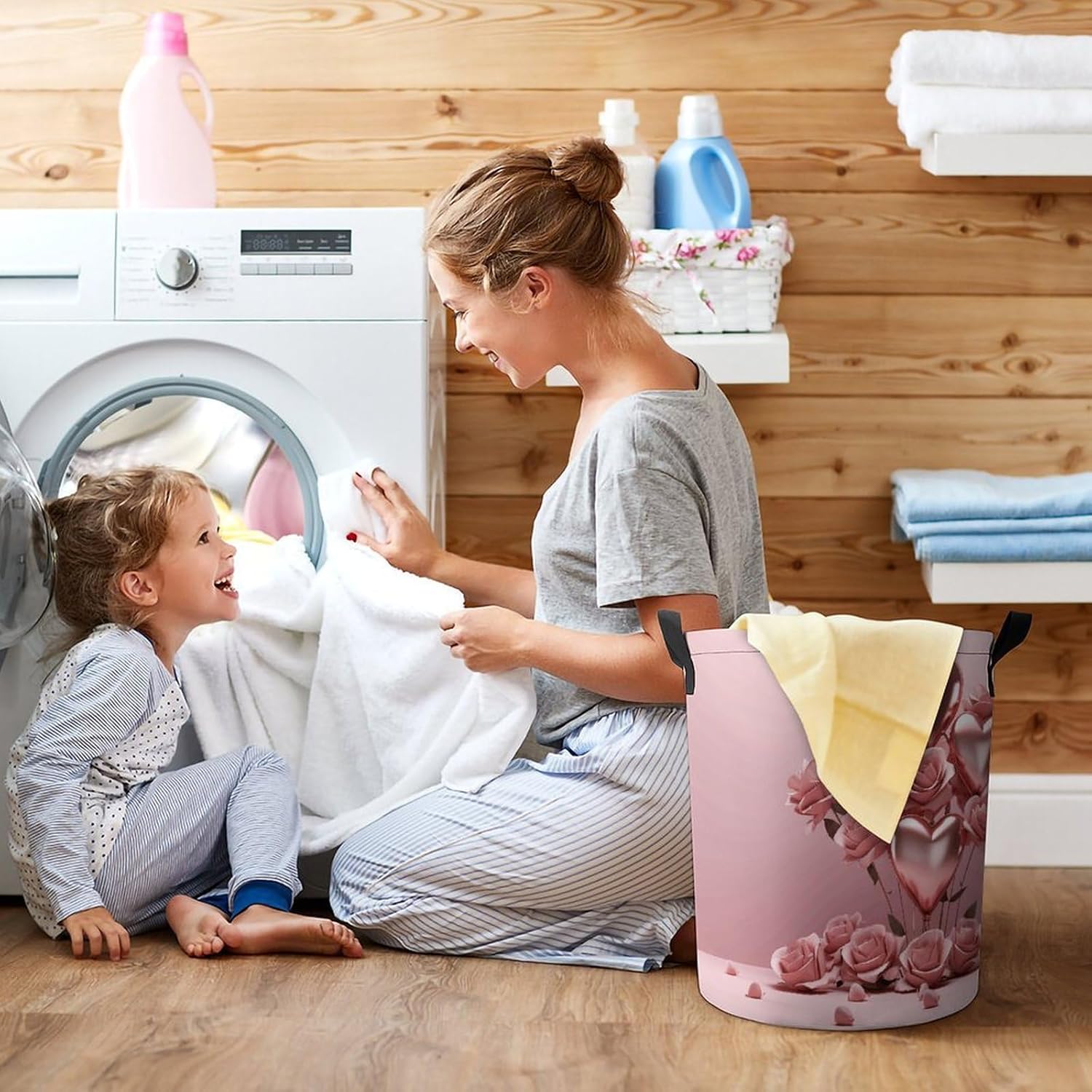 Pink Rose Balloon Heart Laundry Basket Collapsible Clothes Hamper with Reinforced Handles Large Capacity Waterproof Laundry Bag Freestanding Laundry Hamper for Bedroom Bathroom