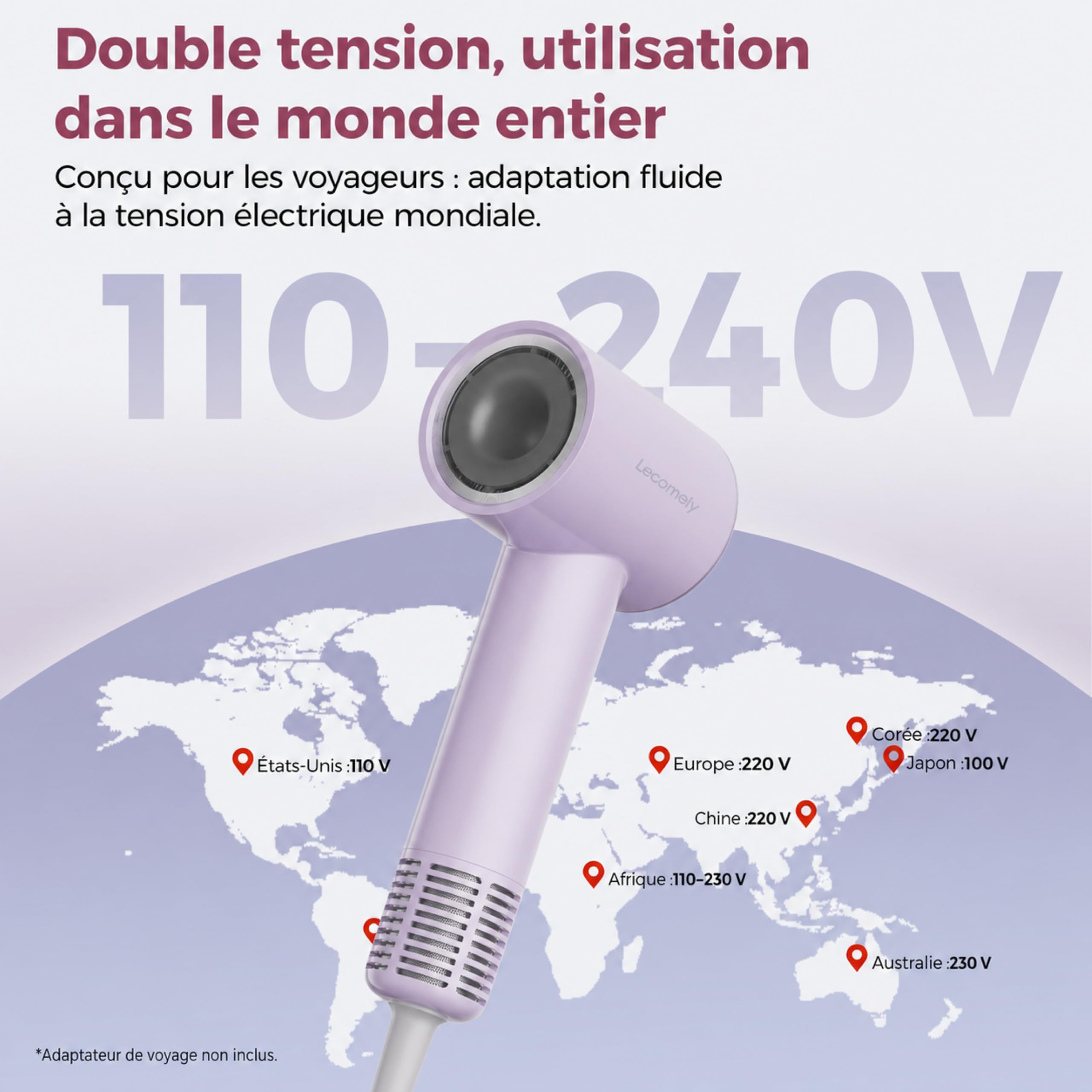 Sèche-cheveux de voyage léger et compact, bi-tension automatique 110–240 V, 312 g hors cordon, séchage rapide, ionique anti-frisottis, 5 températures et 3 vitesses – Lecomely S4AT