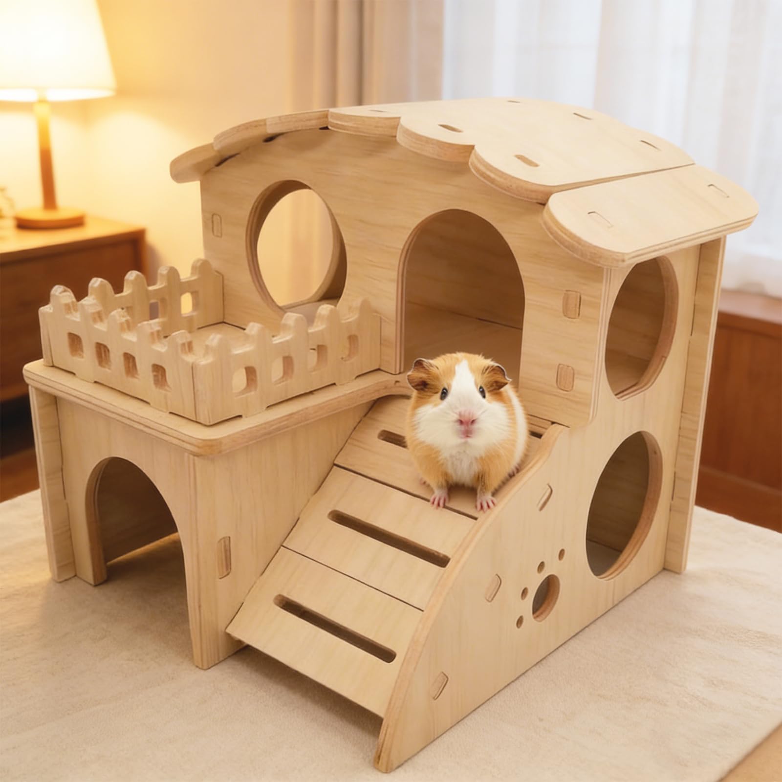 Casa di legno per criceti, casa per conigli, casa per criceti, casa per criceti con rampa, nascondiglio per animali piccoli, criceti conigli, accessori per animali domestici, criceto nano, gerbilli