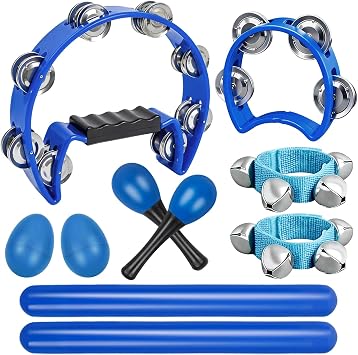 10 Pcs Blue Tambourines for Adults And Kids - Half Moon Tambourine, Wood Rhythm Sticks, Bells Tambourine, Wrist Bells, Egg Shakers, a Pair Maracas, Musical Percussion Instrument Set for Church, Party