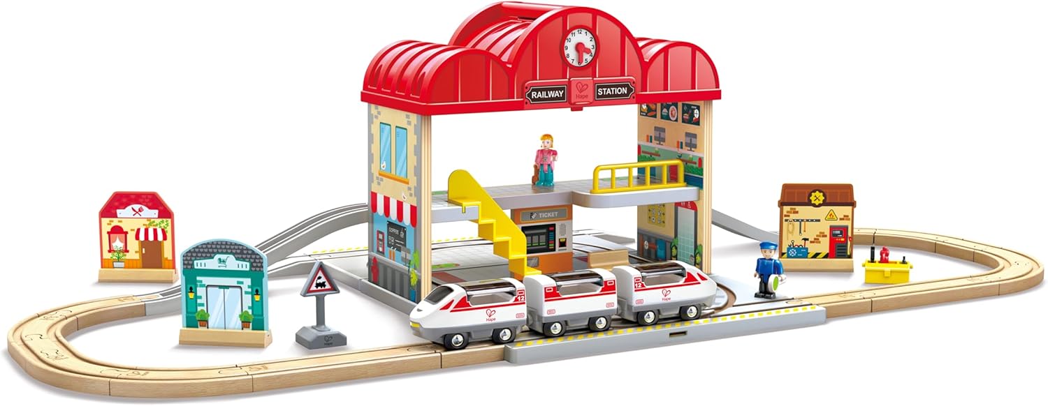 Hape Portable Wooden Train Station Set, Children's Train Set, Rails, Train Station and Characters, Easy to Carry