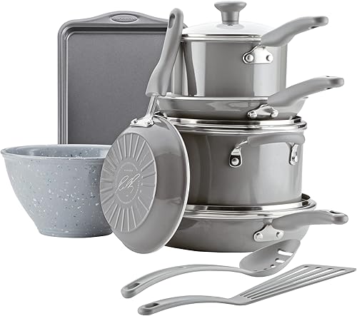Miniatura 4 de Rachael Ray Get Cooking Juego de ollas y sartenes antiadherentes incluye sartén para hornear y herramientas de cocina 12 piezas color gris