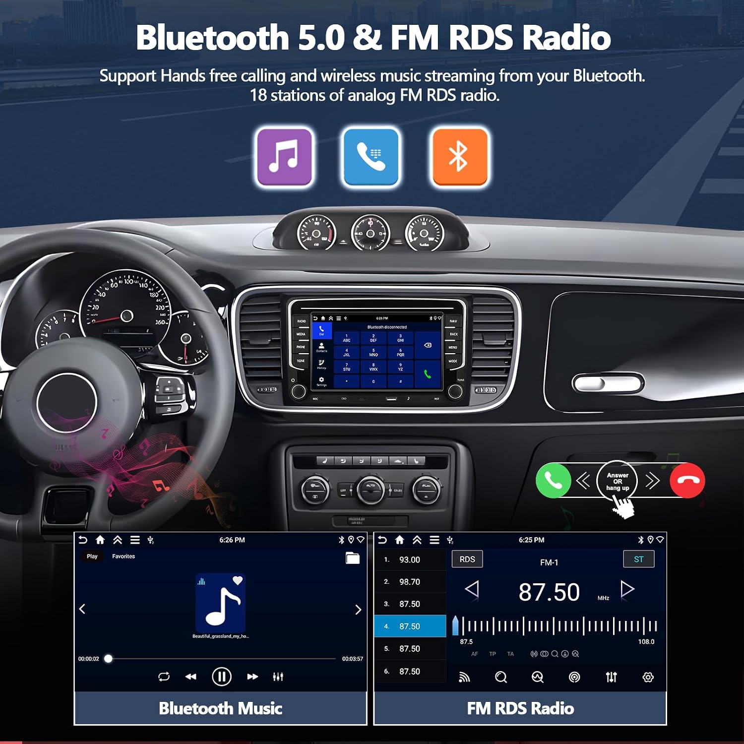 4G+64G Car Radio for Volkswagen VW Beetle 2012-2018 with Wireless Carplay Android Auto 7" HD Touch Screen Radio Android 15 Car Stereo with GPS 32EQ Bluetooth 5.0 FM RDS Type-C Backup Camera