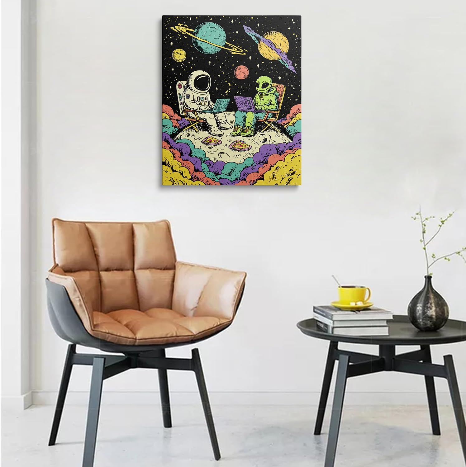 Trippy Space Scene with Pizza Banksy Style Canvas Wall Art Framed Graffiti Painting Prints Posters Artwork for Teen Boy Room Psychedelic Alien Wall Decor 16x24 Inches