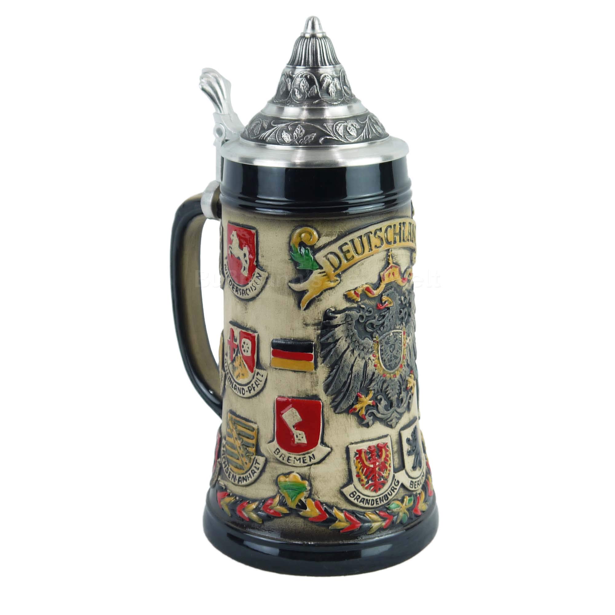 A-Z Super Preiswert Bierkrug Deutschland Rustika 0,5L mit Zinndeckel, Keramik, Bierkrug, Zylinder, 500 Milliliter, Zuhause