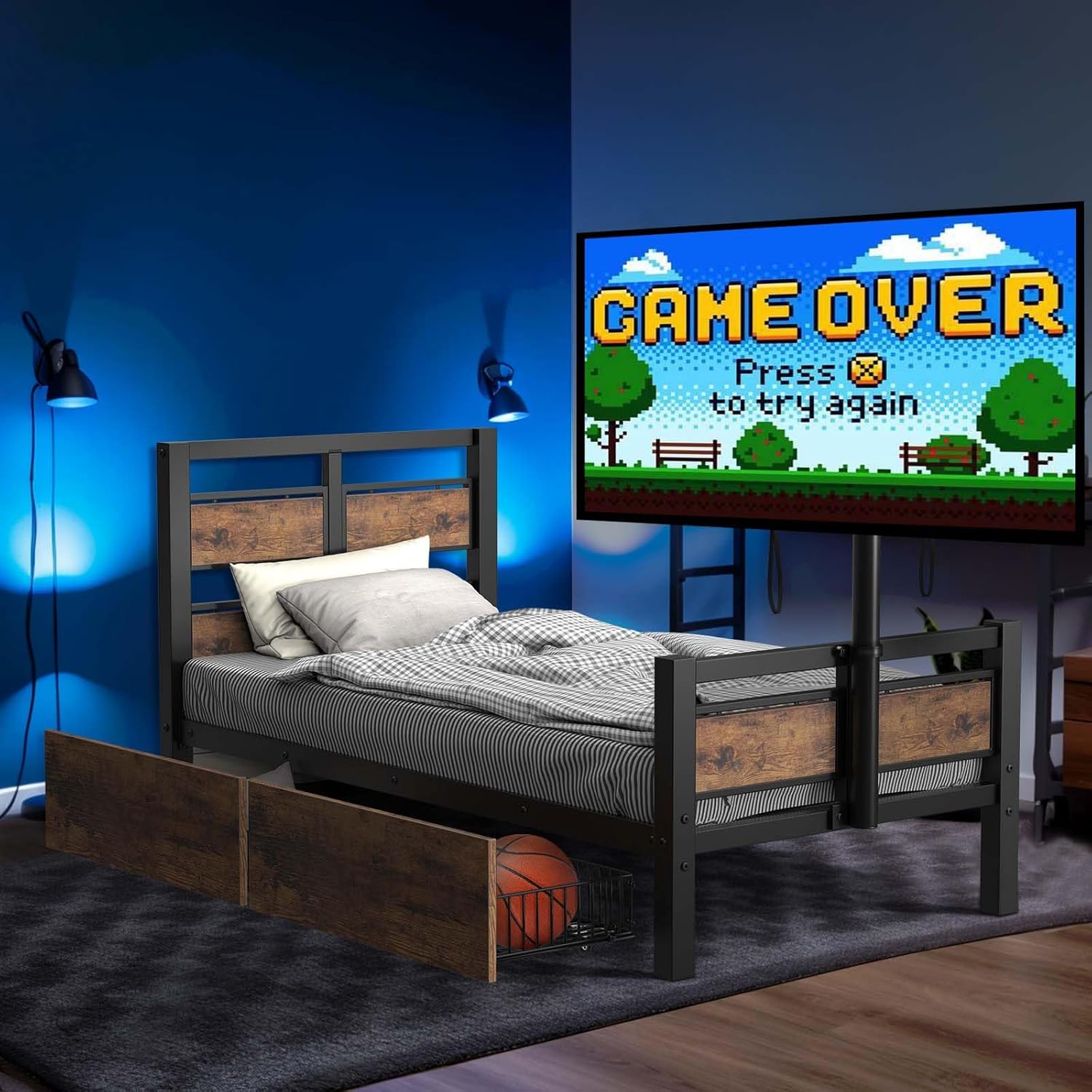 Tatub Twin Modern Gaming Bed Set, Industrial Bed Frames for