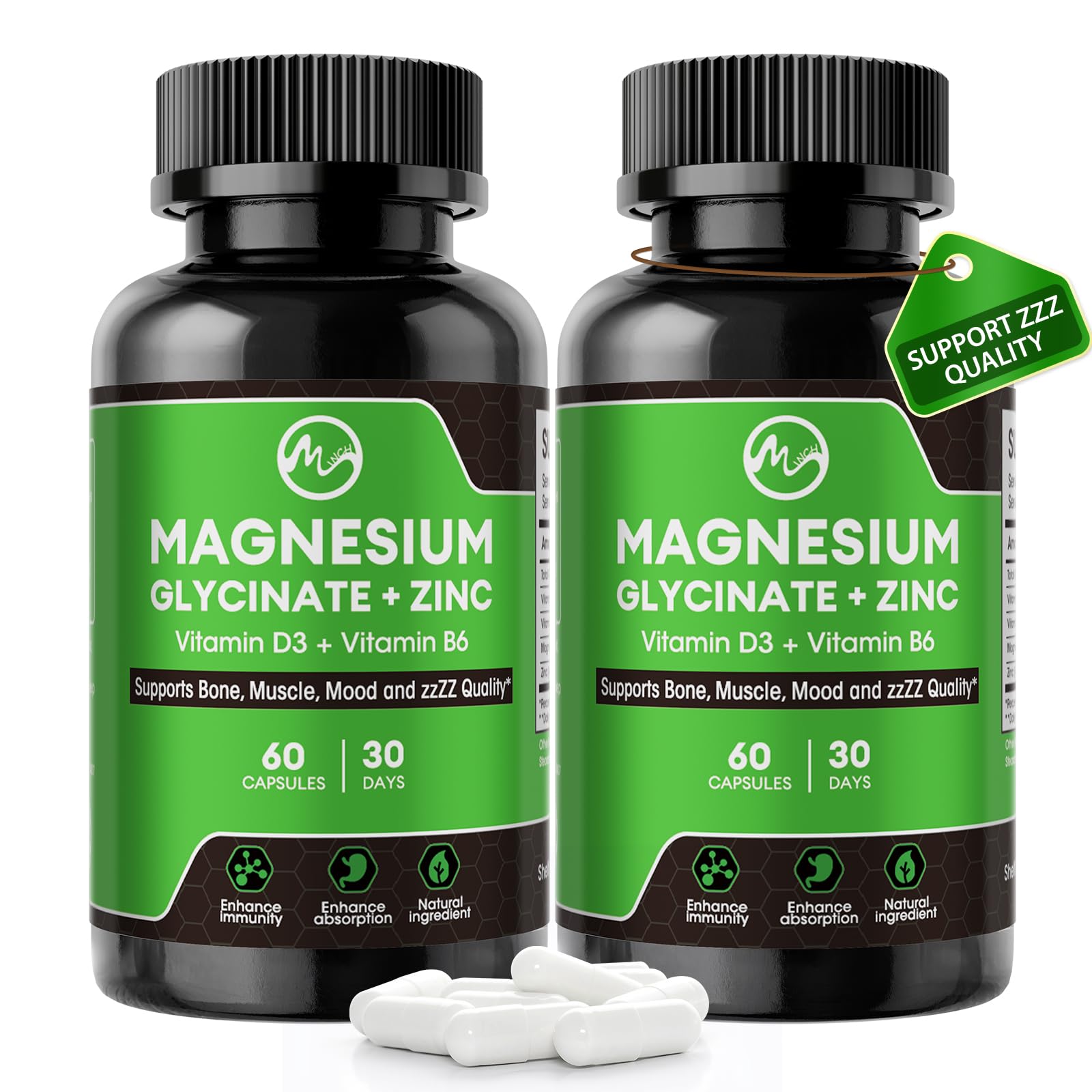 (2 Pack) Magnesium Glycinate Capsules, Magnesium Supplement 400mg with Zinc,Vitamin D3 & B6 - Highly Bioavailable and Absorption - Bone,Heart,Joint,Immune Support - 120 Vegan Capsules for Women & Men