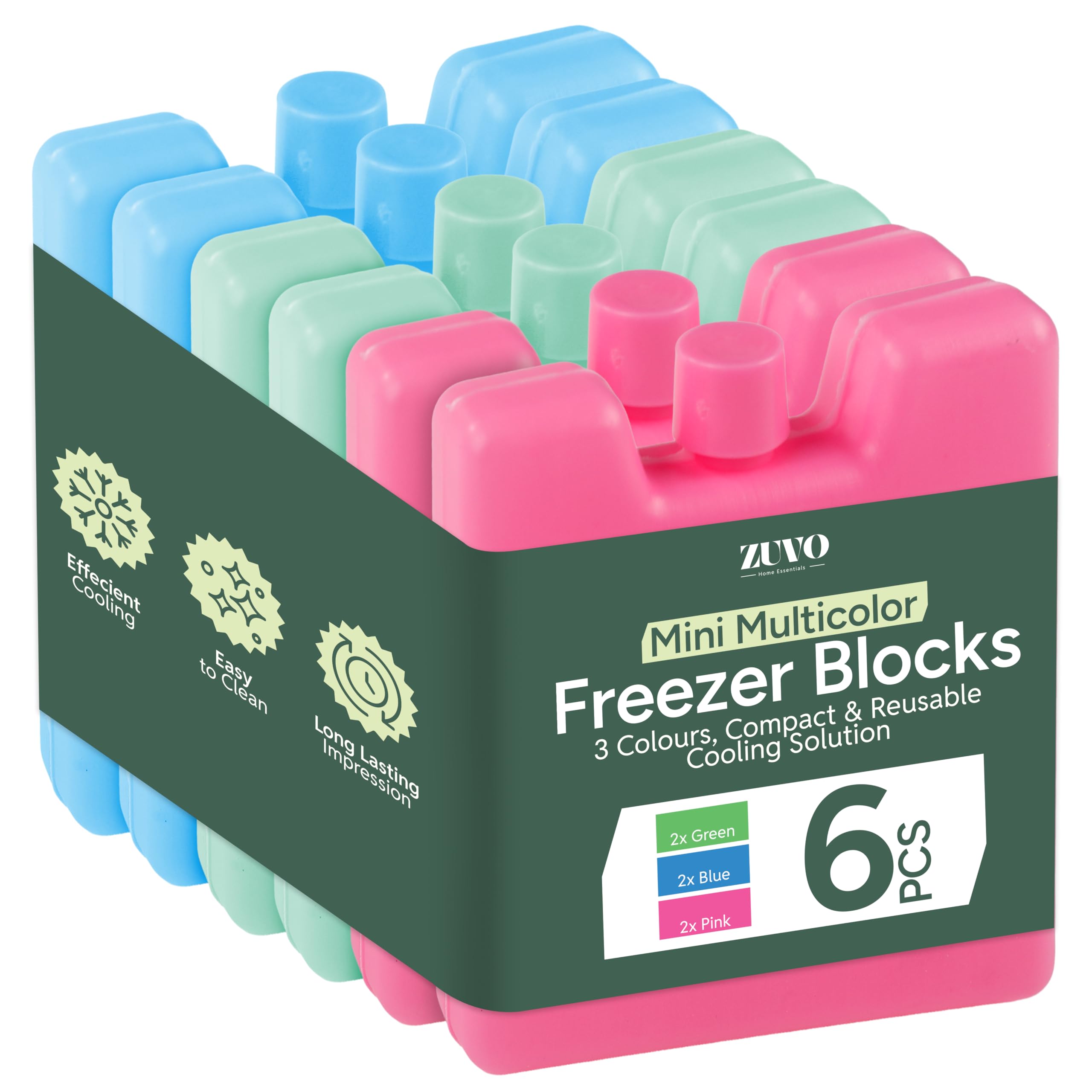 Zuvo Mini Freezer Blocks Pack of 6 | Reusable Ice Packs for Cool Bags, Lunch Boxes & Cool Boxes | Long-Lasting Ice Packs for Food & Drink | Leakproof, Lightweight, Durable & Portable