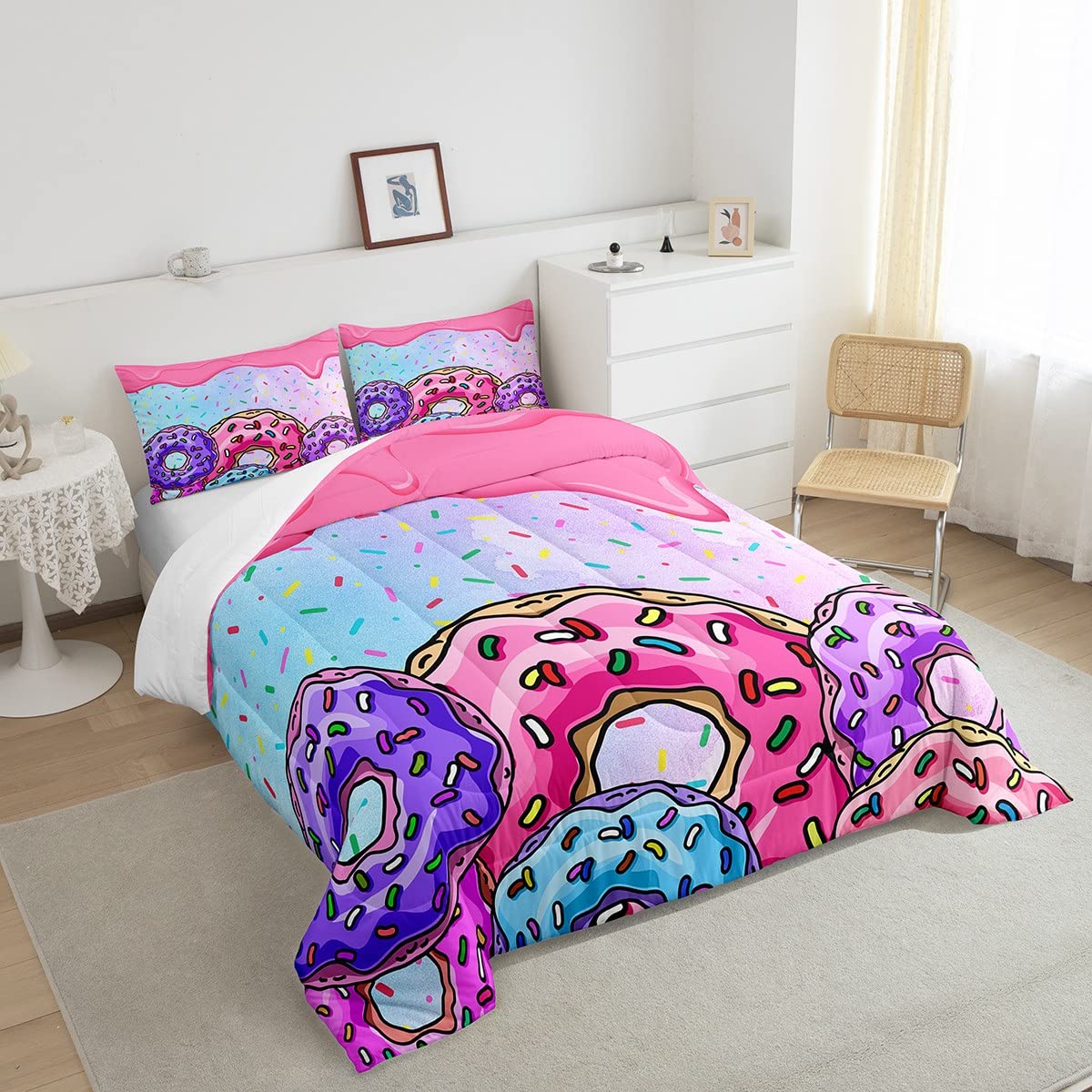 Castle Fairy Kawaii Donuts Full Size Comforter Set,Sweet Doughnut Bedding Set for Adults Teens,Children Pink and Purple Comforter Luxury Delicious Dessert Quilt Set Room Decor 3Pcs