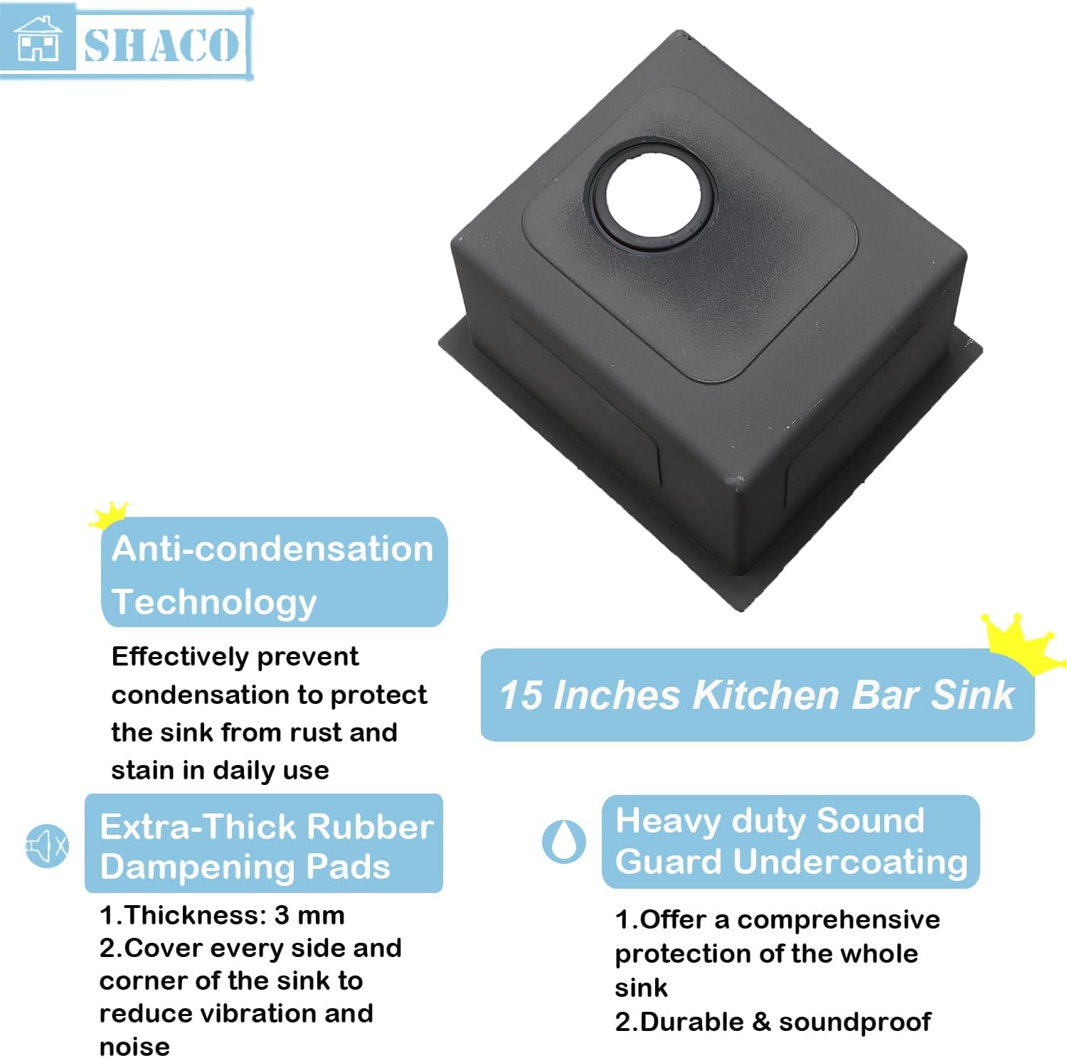 SHACO 15x15 Black Undermount Bar Sink, 15 Inch Gunmetal Black Single Bowl Kitchen Sink, Handmade Stainless Steel 16 Gauge Workstation Laundry Single Bowl with Accessories