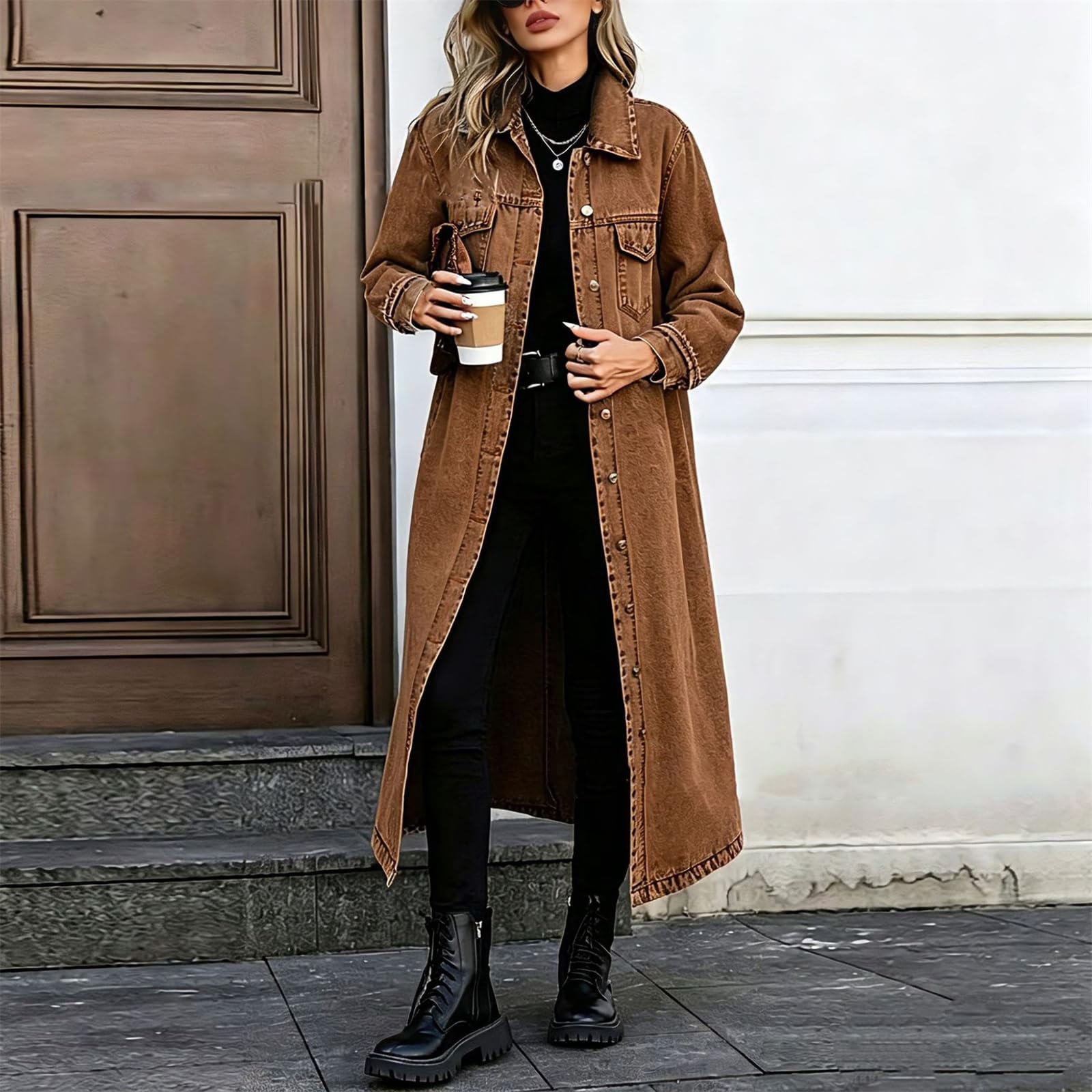 Trench Dżinsowy Długi Damski Klapa Guziki Kurtka Denim Luźna Oversize, karmelowy, XL | Wiatroodporny dżins z praktycznymi kieszeniami bocznymi. Łatwe dopasowanie do innych ubrań. Com, idealny do pracy