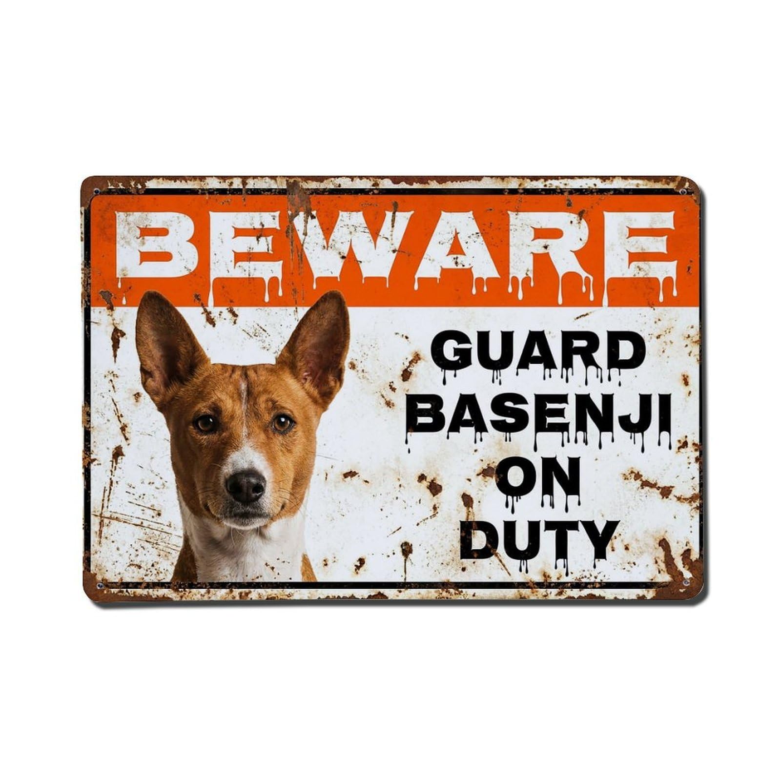 Vintage Funny Basenji Guard Beware of Dog Zone Metal Tin Sign Plaque Wall Decor for Cafe, Club Bar, Office, Garden Metal Poster 8x12Inch