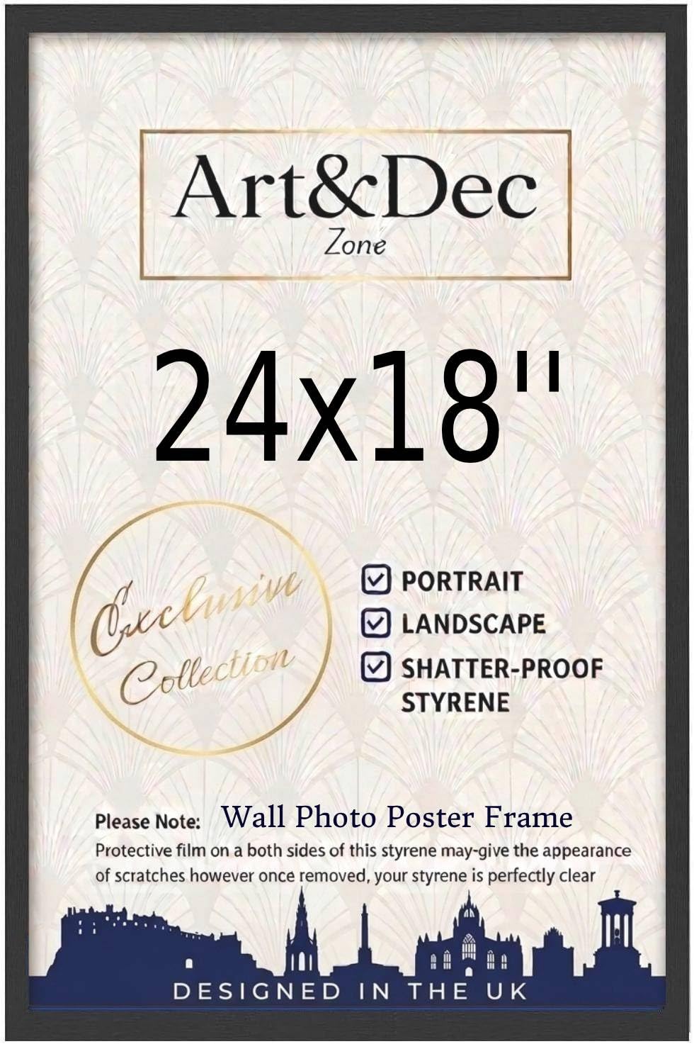 Art & Dec Zone® Sleek Black MDF Picture Frame 24x18 Inch – High-Clarity Shatter-Proof Acrylic Poster Holder for Modern Wall Decor
