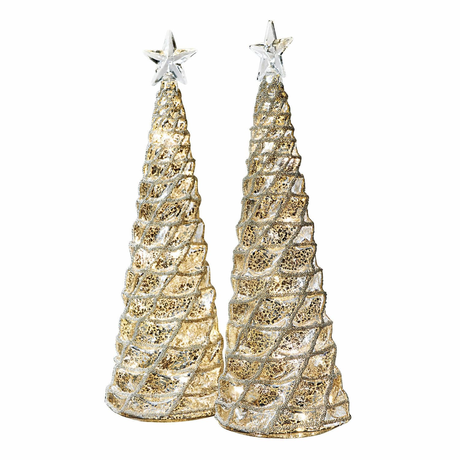 Loberon Deko-Baum 2er Set Glitter, Silber/klar | mit Bauernsilber, inkl. warmweiße LEDs, Wohn-Accessoire,Weihnachtsbeleuchtung, Weihnachtsdekoration, Weihnachten, Glas