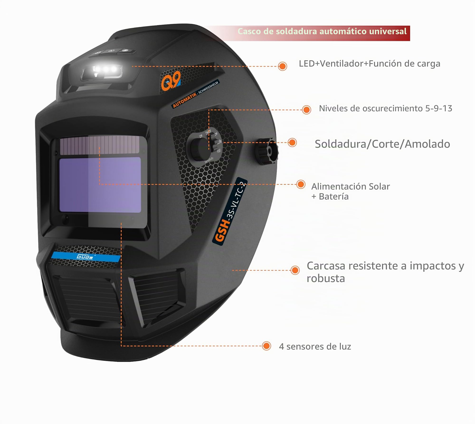 Güde GSH-3S-VL-TC-2 - Casco de soldadura automático (para trabajos de corte/lijado/soldadura, batería solar y de iones de litio, filtro de color verdadero, filtro de oscurecimiento automático (95 x 55