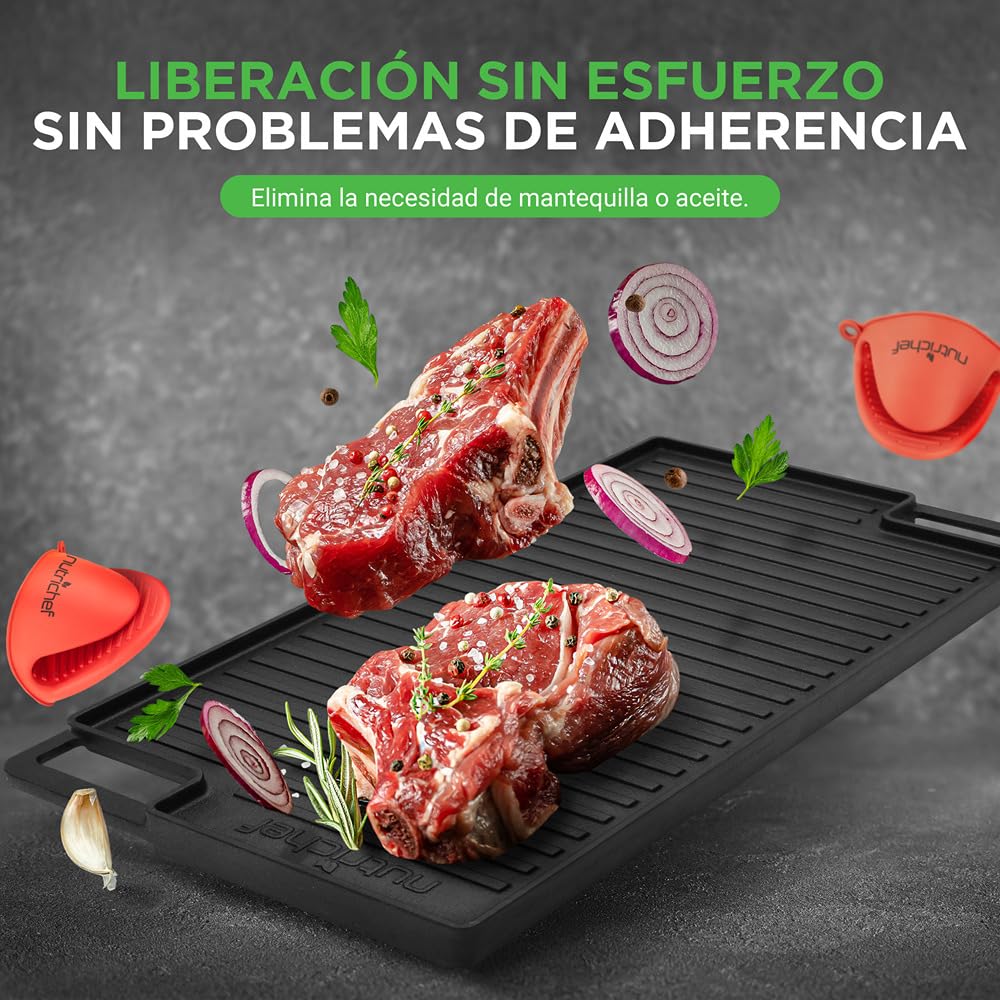 NutriChef Placa de Hierro Fundido, para Horno, Estufas, Plancha Reversible, Incluye Guante de Silicona, Parrilla