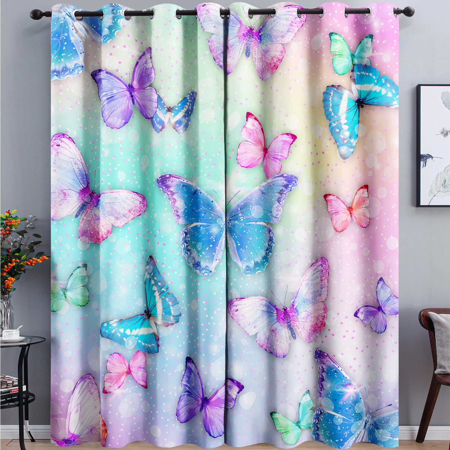 AILONEN Girls Butterfly Window Curtains,Fantasy Rainbow Butterfly Curtains for Girls Bedroom Living Room,Colorful Gradient Window Drapes 2 Panel Set, 42