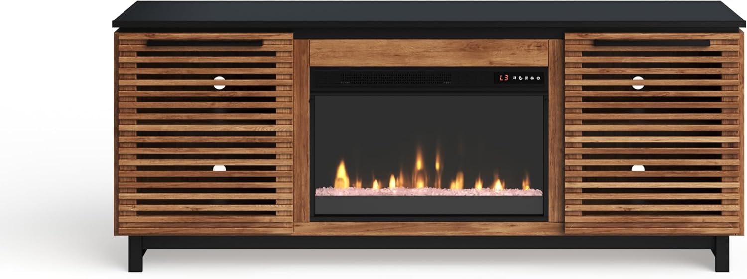 Bridgevine Home Graceland 69 inch Electric Fireplace TV Stand Entertainment Center, Accommodates TVs up to 80 inches, Easy Set Up, Solid Wood, Modern Slat Details, Bourbon Brown and Black Finish